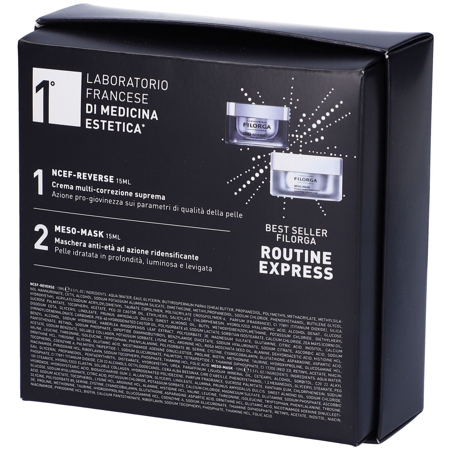 Retro della confezione nera. Testo: Laboratoire Francaise de Medecine Esthetique. Descrizioni dei prodotti e ingredienti.