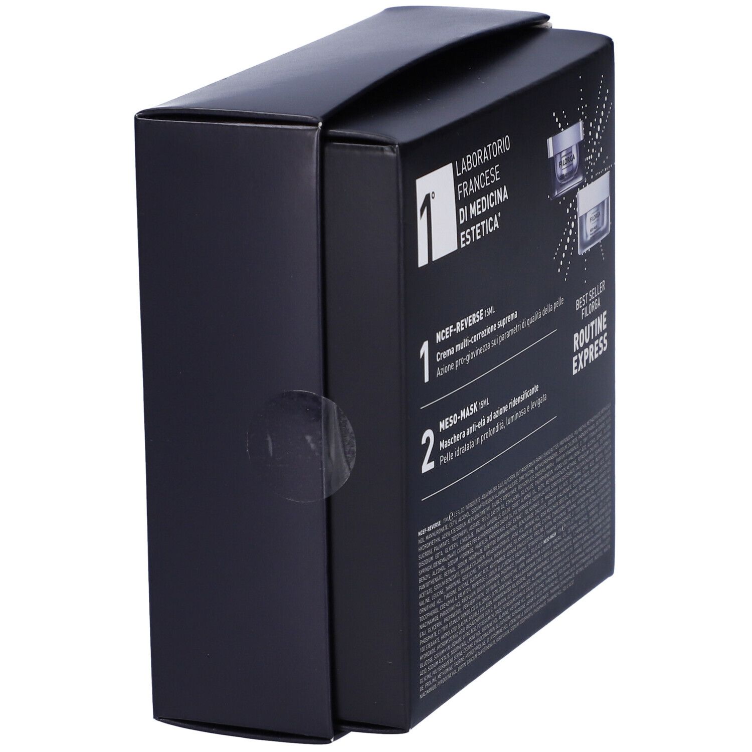 Vista laterale della confezione nera. Testo: Laboratoire Francaise de Medecine Esthetique. Descrizioni dei prodotti.