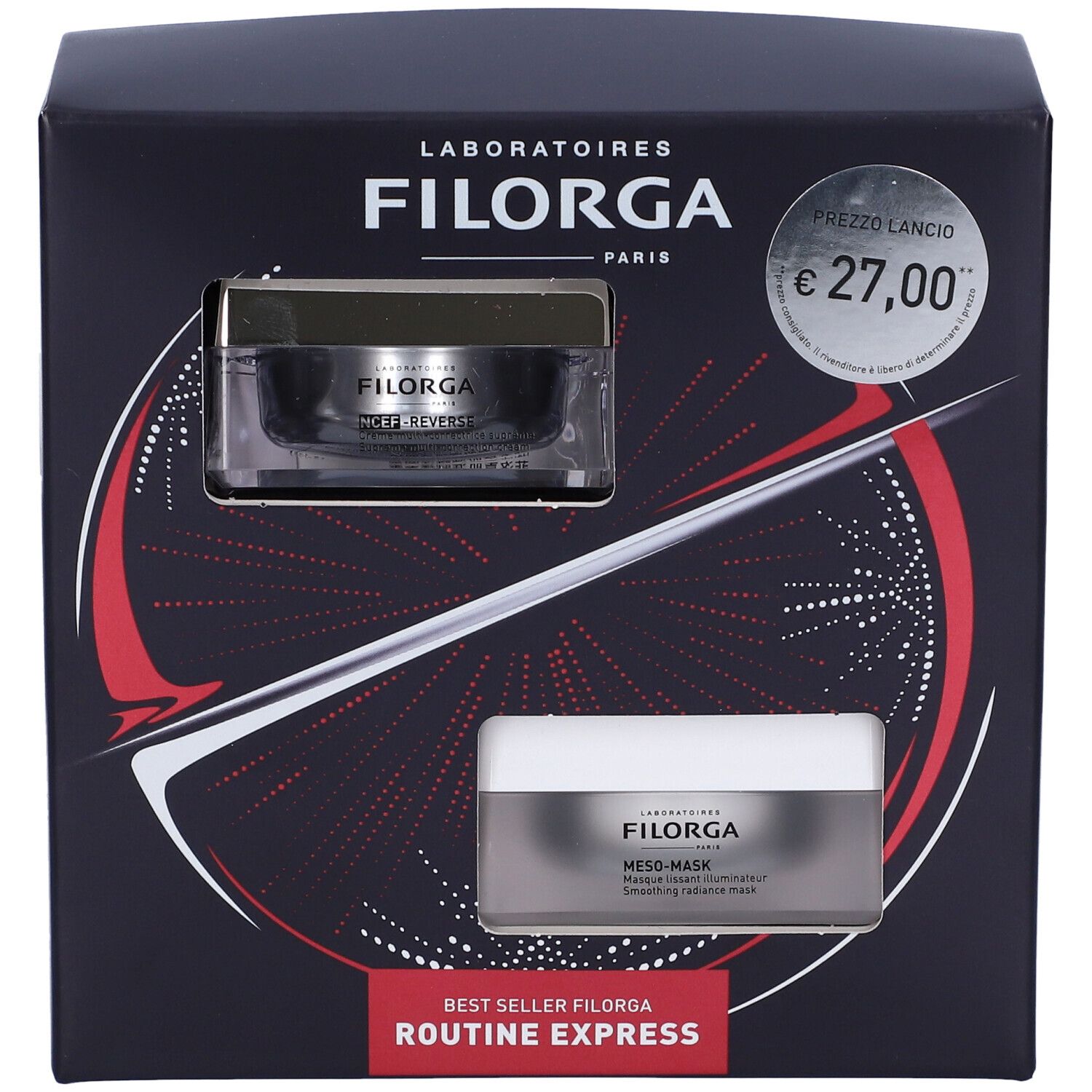 Confezione nera con due prodotti. Logo FILORGA. Adesivo prezzo: €27,00. Elementi di design rossi e bianchi.