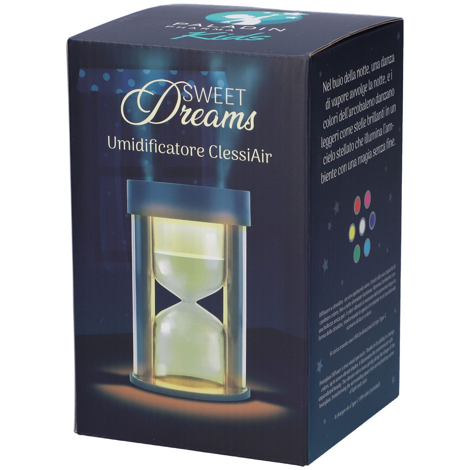 Scatola con immagine del prodotto. Scritta: Sweet Dreams, Umidificatore ClessiAir. Immagine di una clessidra.