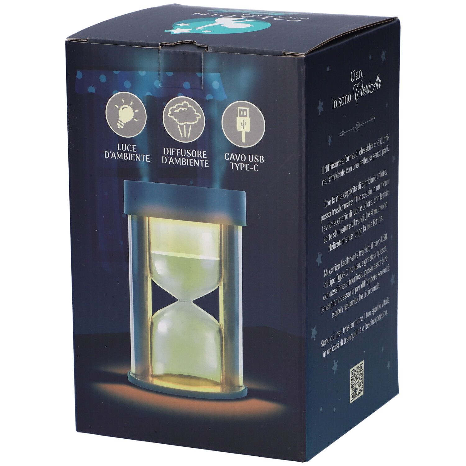 Scatola con simboli: luce, diffusore, cavo USB. Immagine di una clessidra. Testo.