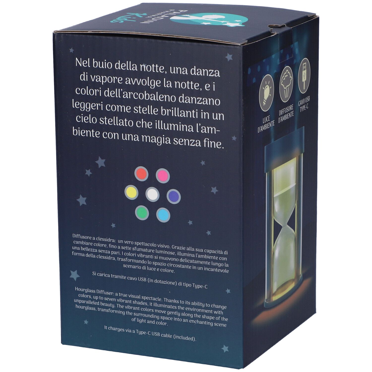 Retro della scatola. Testo. Immagine di una clessidra. Cerchi colorati.
