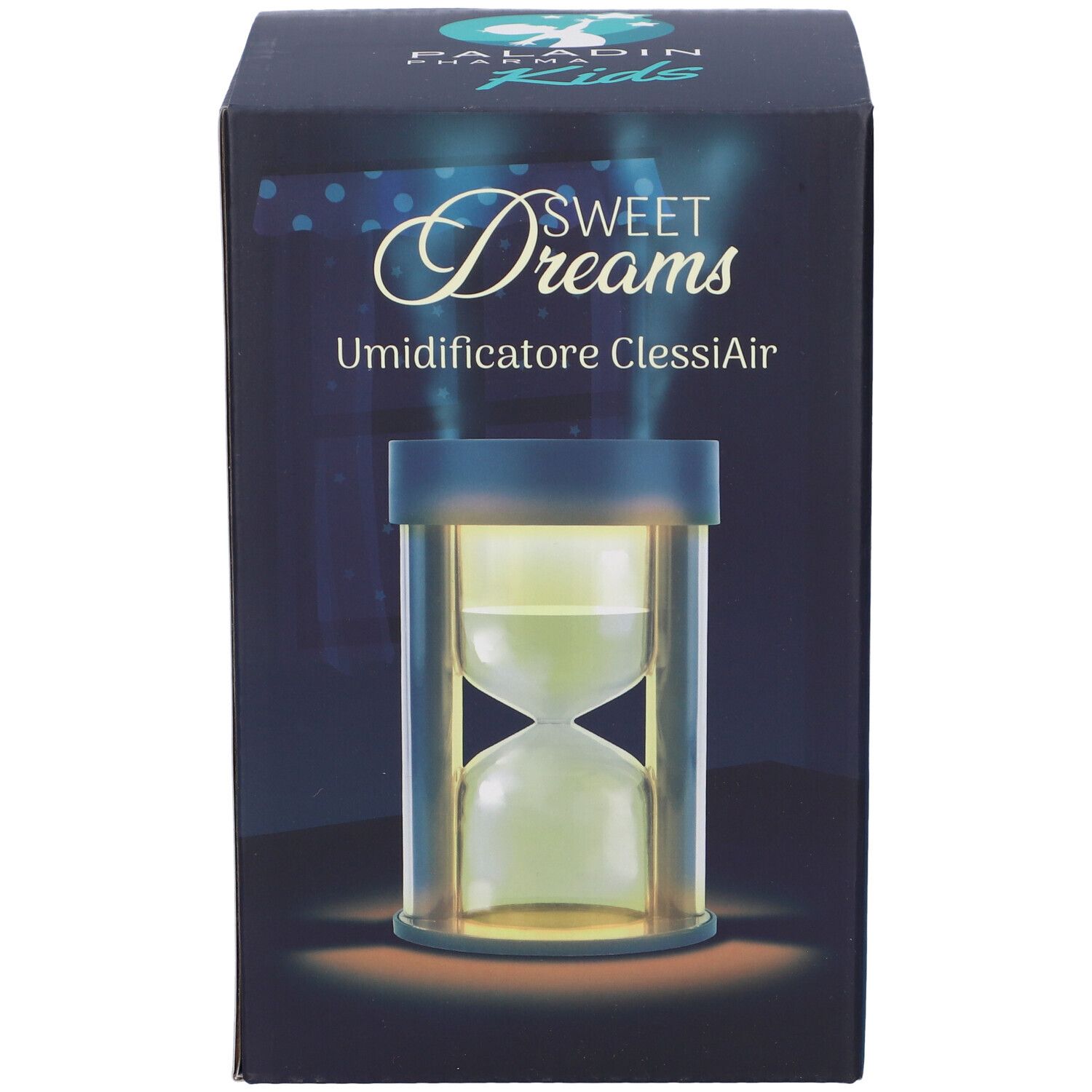 Scatola con immagine del prodotto. Scritta: Sweet Dreams, Umidificatore ClessiAir. Immagine di una clessidra.