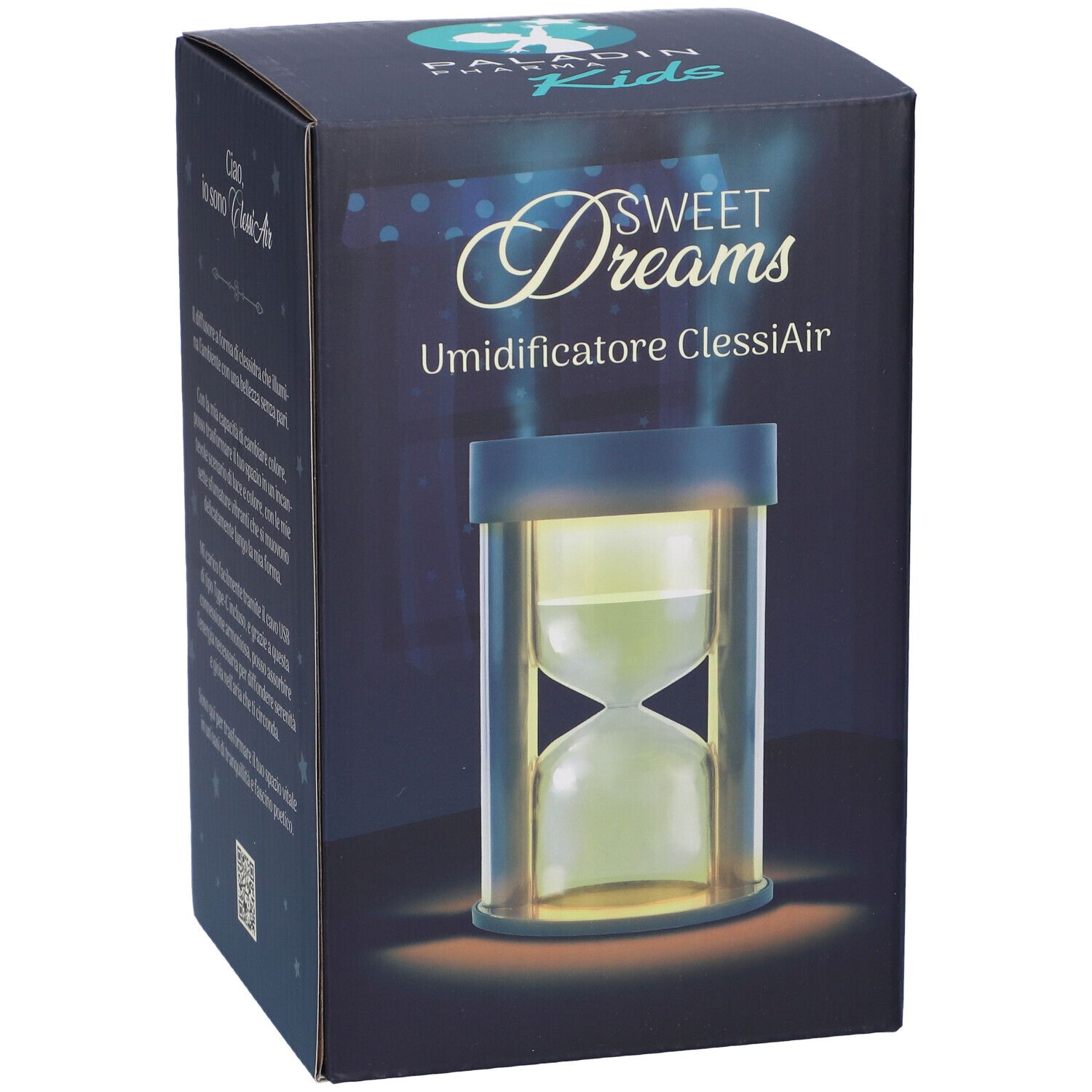 Scatola con immagine del prodotto. Scritta: Sweet Dreams, Umidificatore ClessiAir. Immagine di una clessidra. Testo.