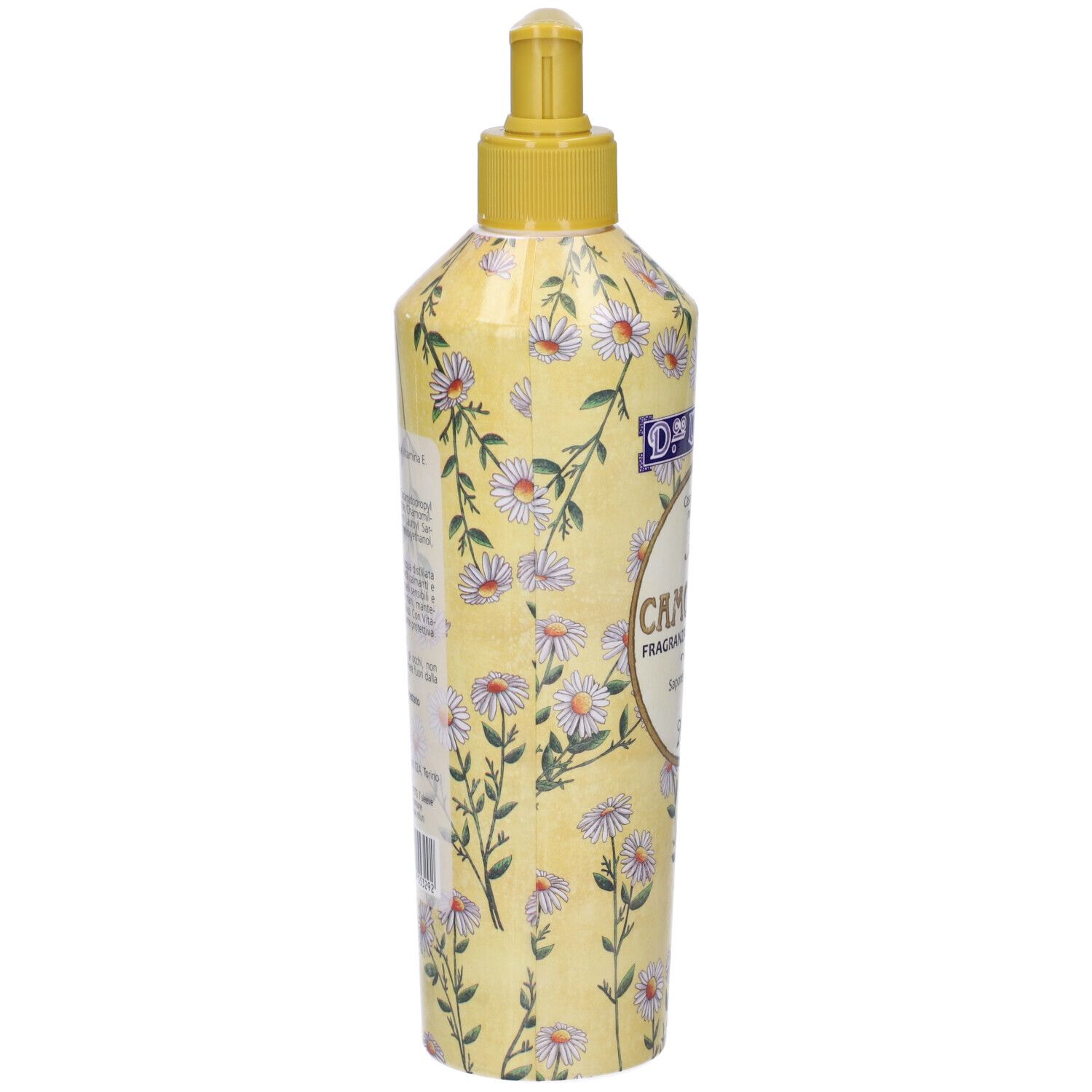 Flacone giallo con decoro camomilla. Retro con testo e ingredienti. Dosatore giallo.