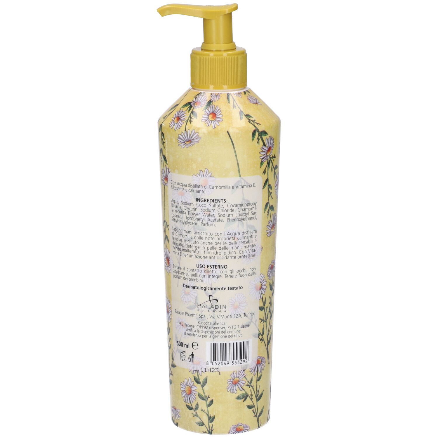 Flacone giallo con decoro camomilla. Retro con testo, ingredienti e istruzioni. Dosatore giallo.