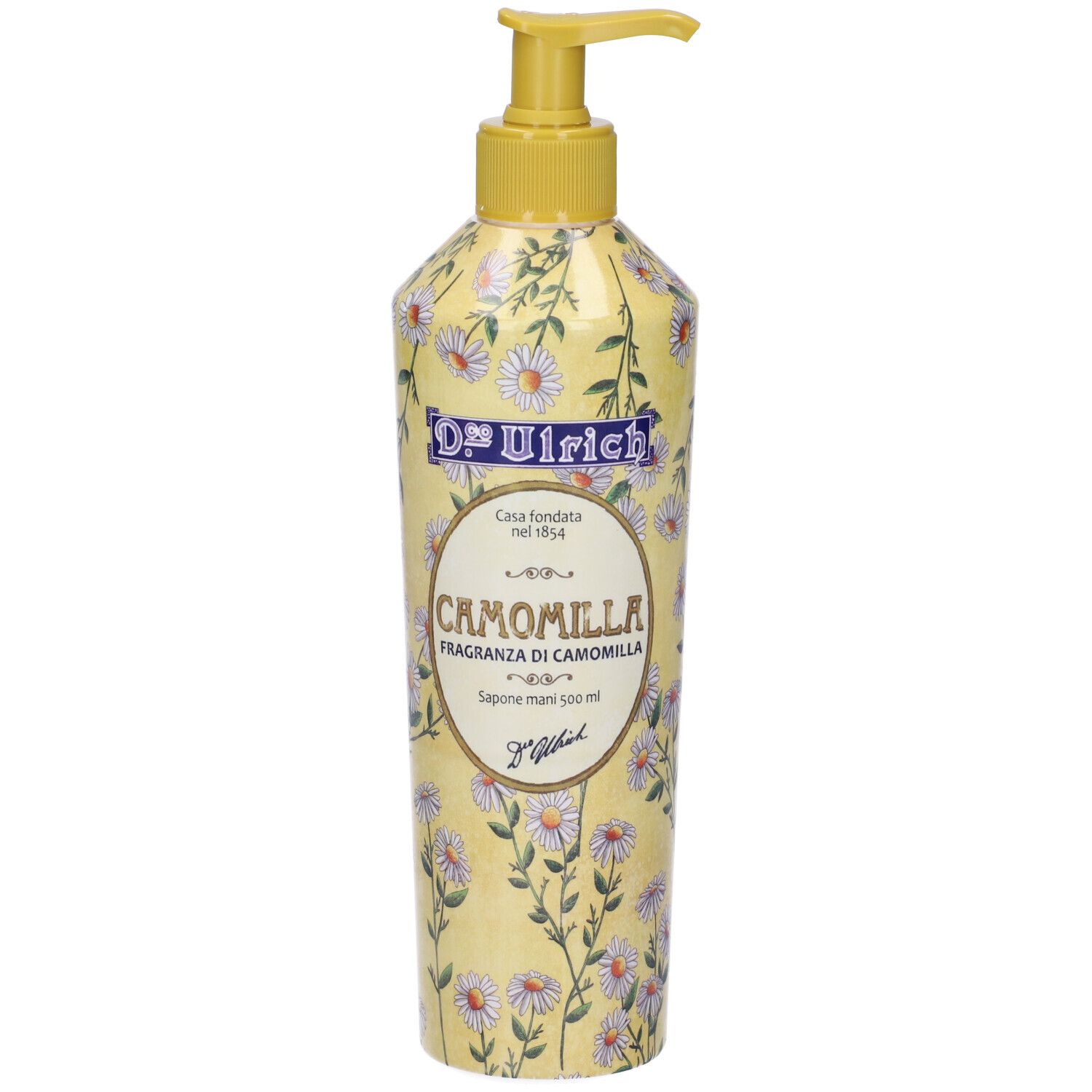 Flacone giallo con decoro camomilla e dosatore. Scritta: Dr. Ulrich, Camomilla, Fragranza di Camomilla.