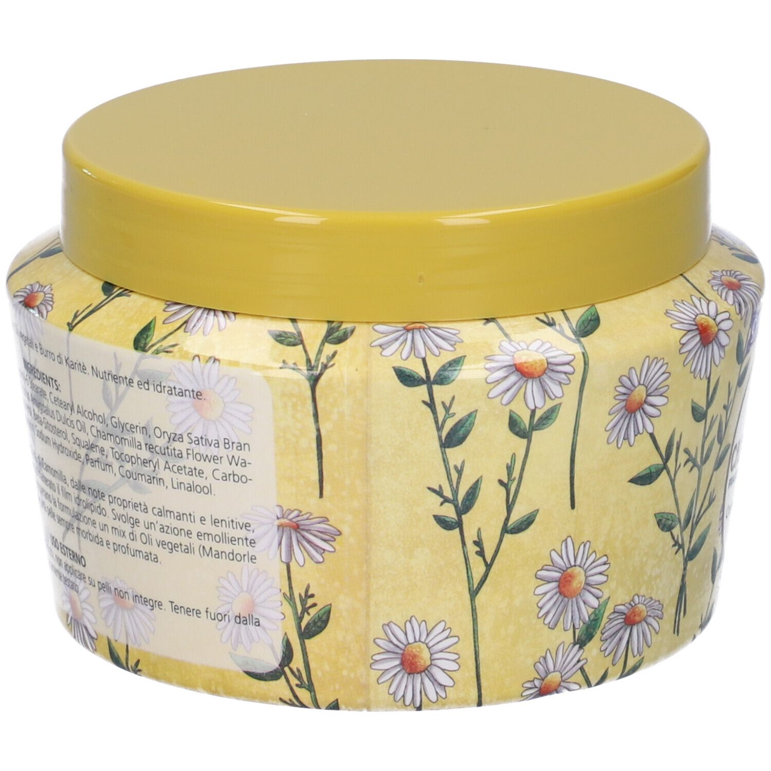 Retro del vaso di crema con motivo floreale di camomilla. Testo con ingredienti e istruzioni per l'uso.
