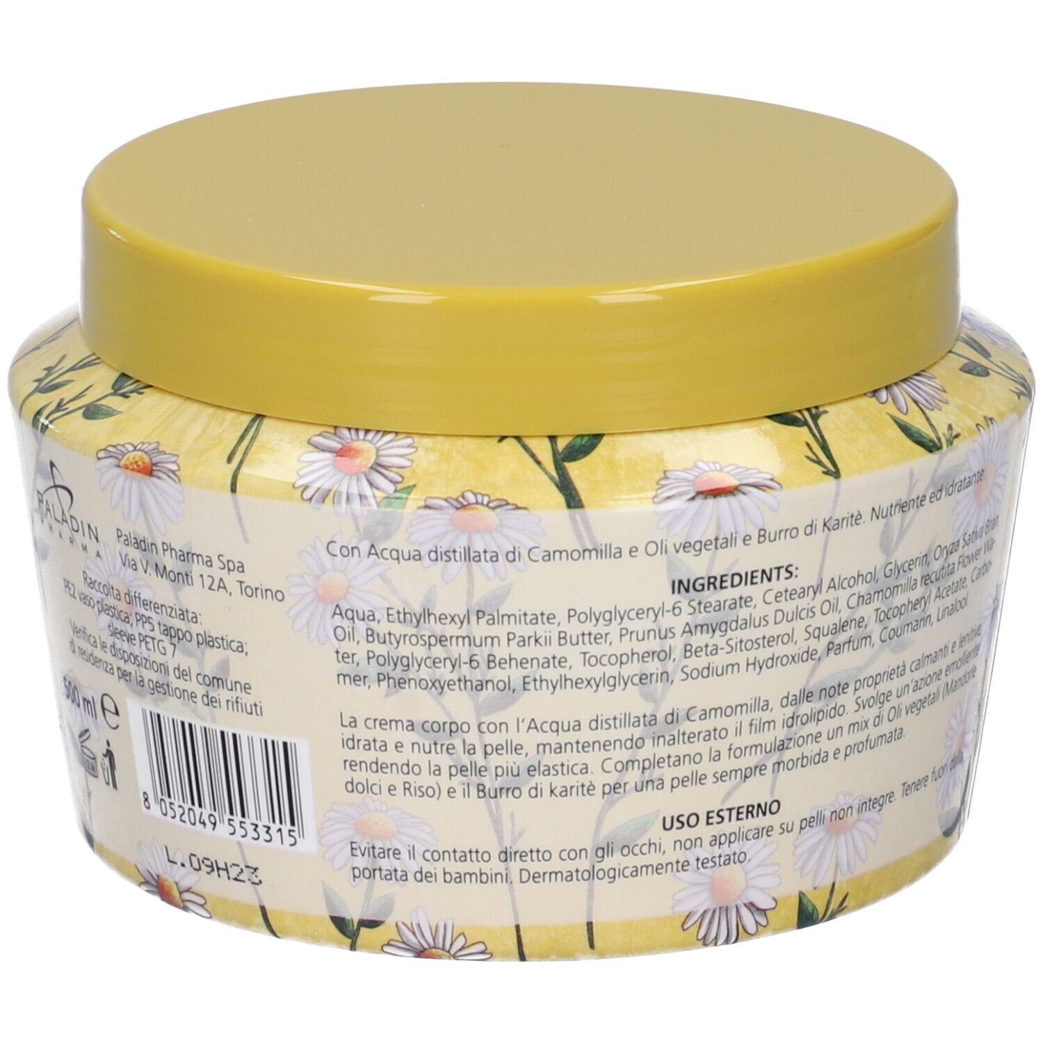Retro del vaso di crema con motivo floreale di camomilla. Testo con ingredienti e informazioni del produttore.