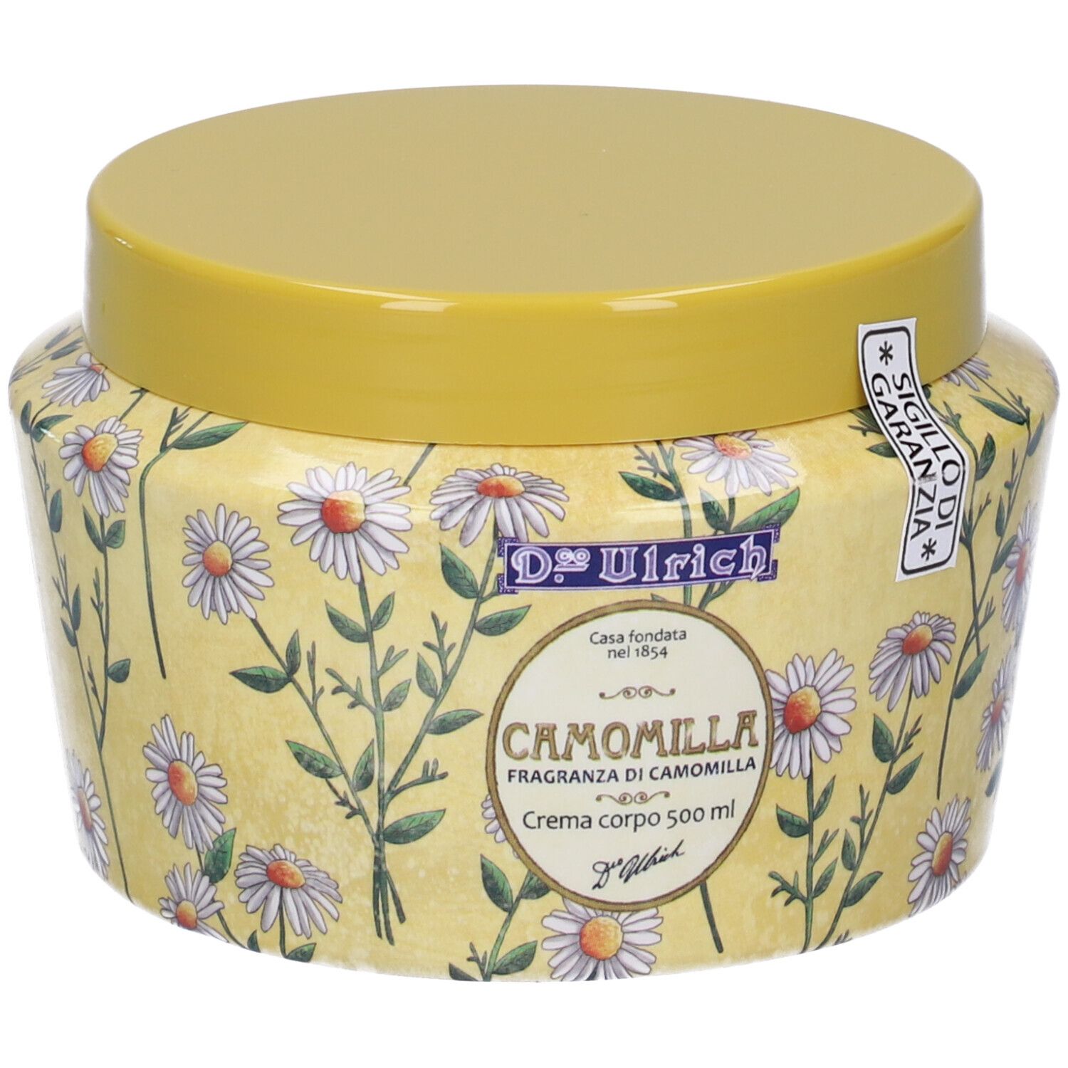 Vaso di crema giallo con motivo floreale di camomilla e coperchio giallo. Scritta: Camomilla, Dr. Ulrich, 500 ml.
