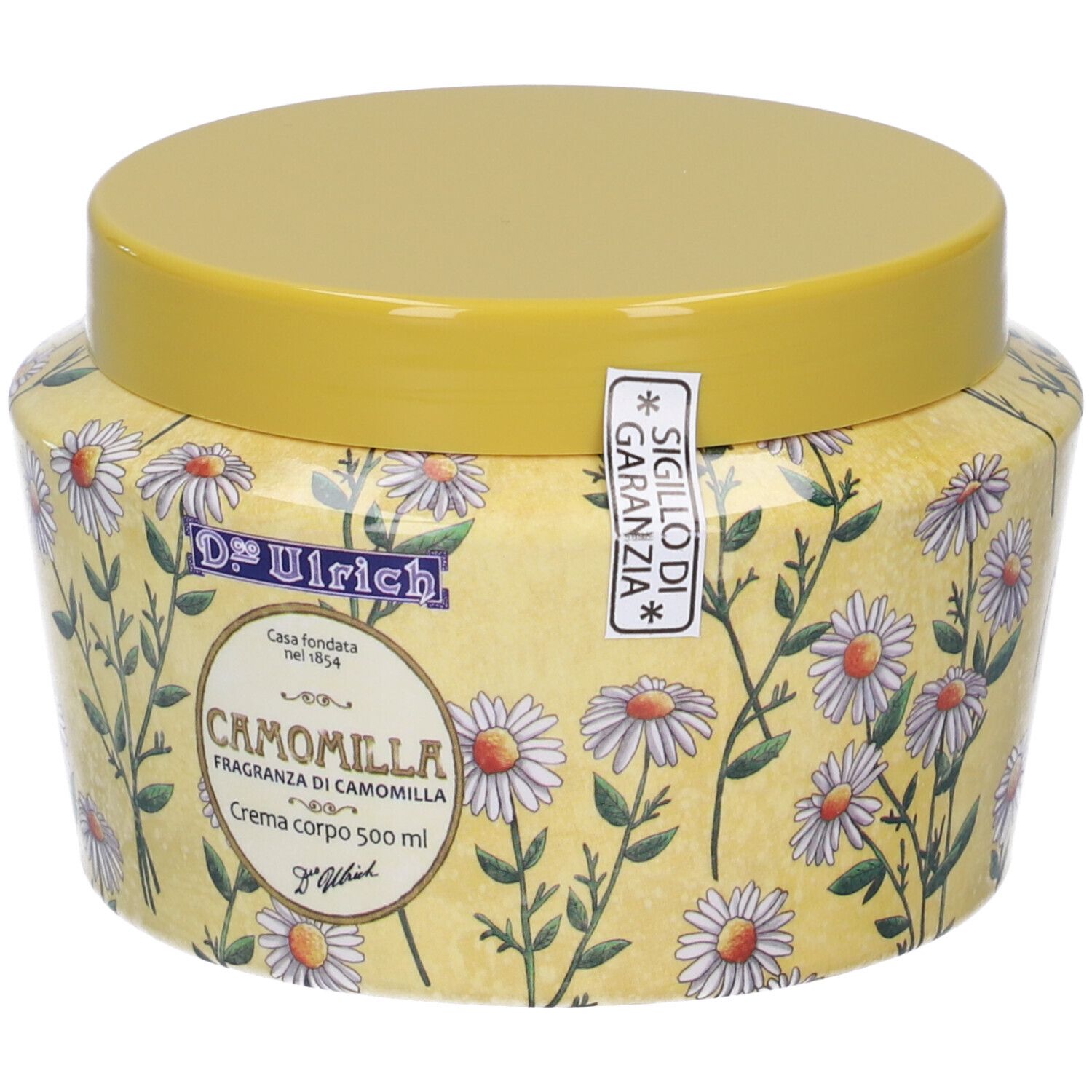 Vaso di crema giallo con motivo floreale di camomilla e coperchio giallo. Scritta: Camomilla, Dr. Ulrich, 500 ml.
