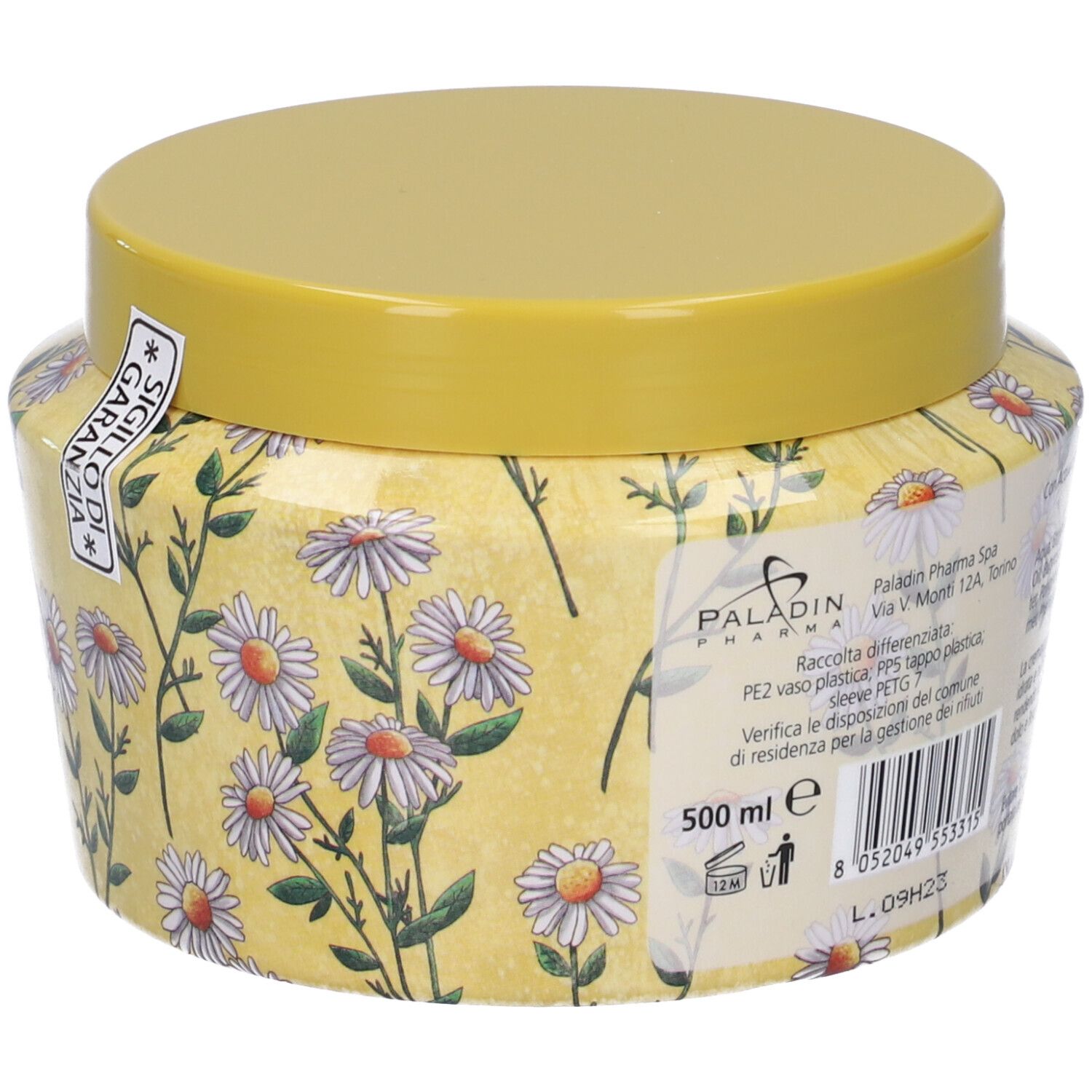Vaso di crema giallo con motivo floreale di camomilla e coperchio giallo. Scritta: Paladin Pharma, 500 ml.