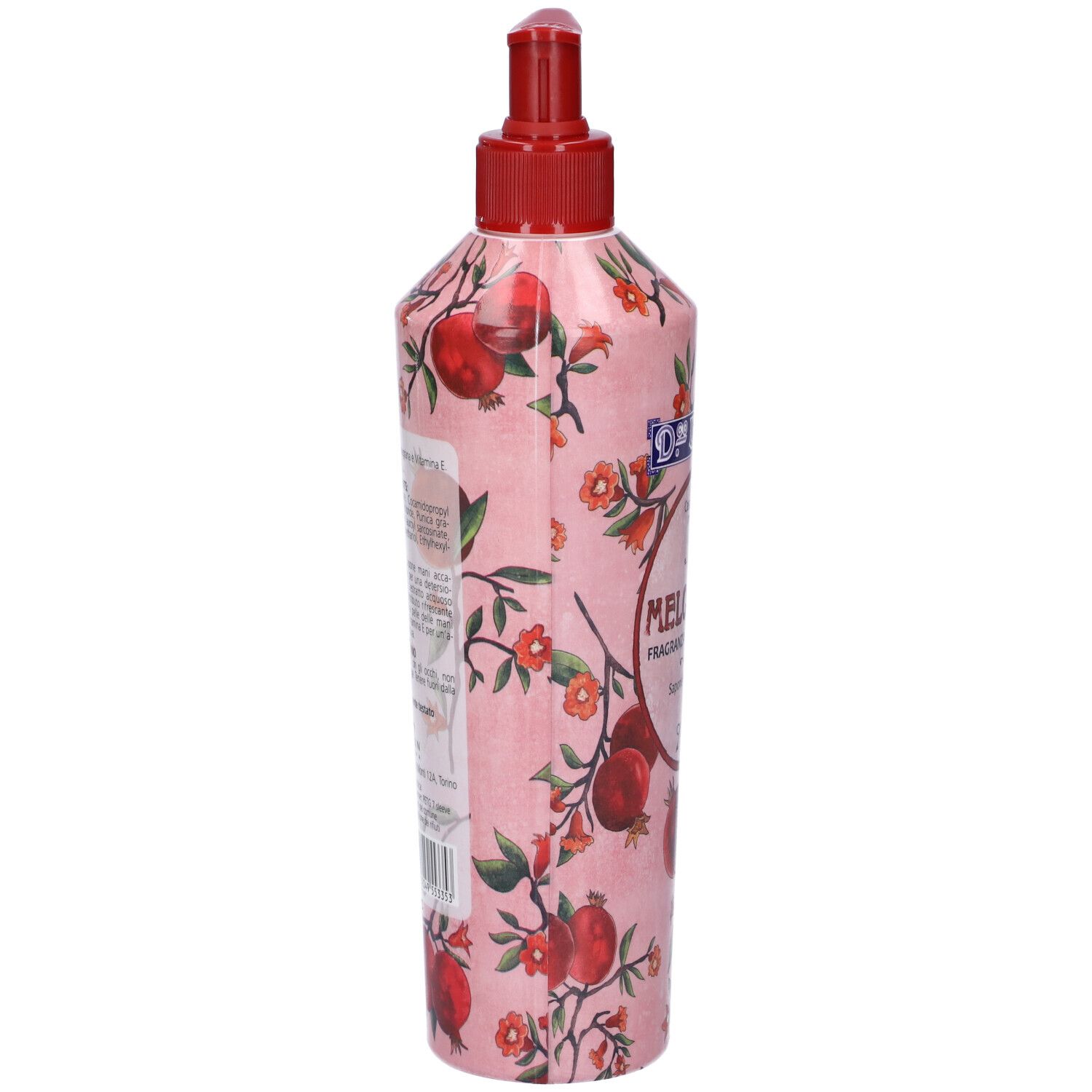 Vista posteriore di un flacone rosa con dispenser rosso. Motivo floreale con melograni. Testo in italiano.