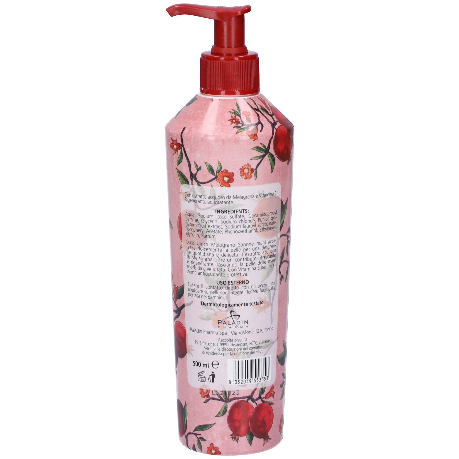 Vista posteriore di un flacone rosa con dispenser rosso. Testo in italiano, inclusi ingredienti e produttore.