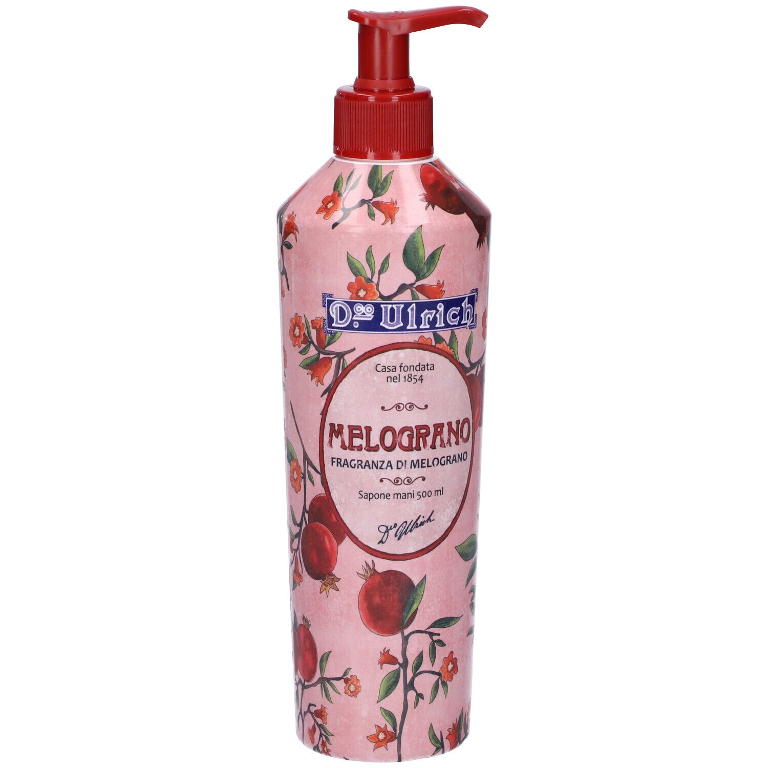 Flacone rosa con dispenser rosso. Scritta: Dr. Ulrich, Melograno, Sapone mani. Motivo floreale con melograni.