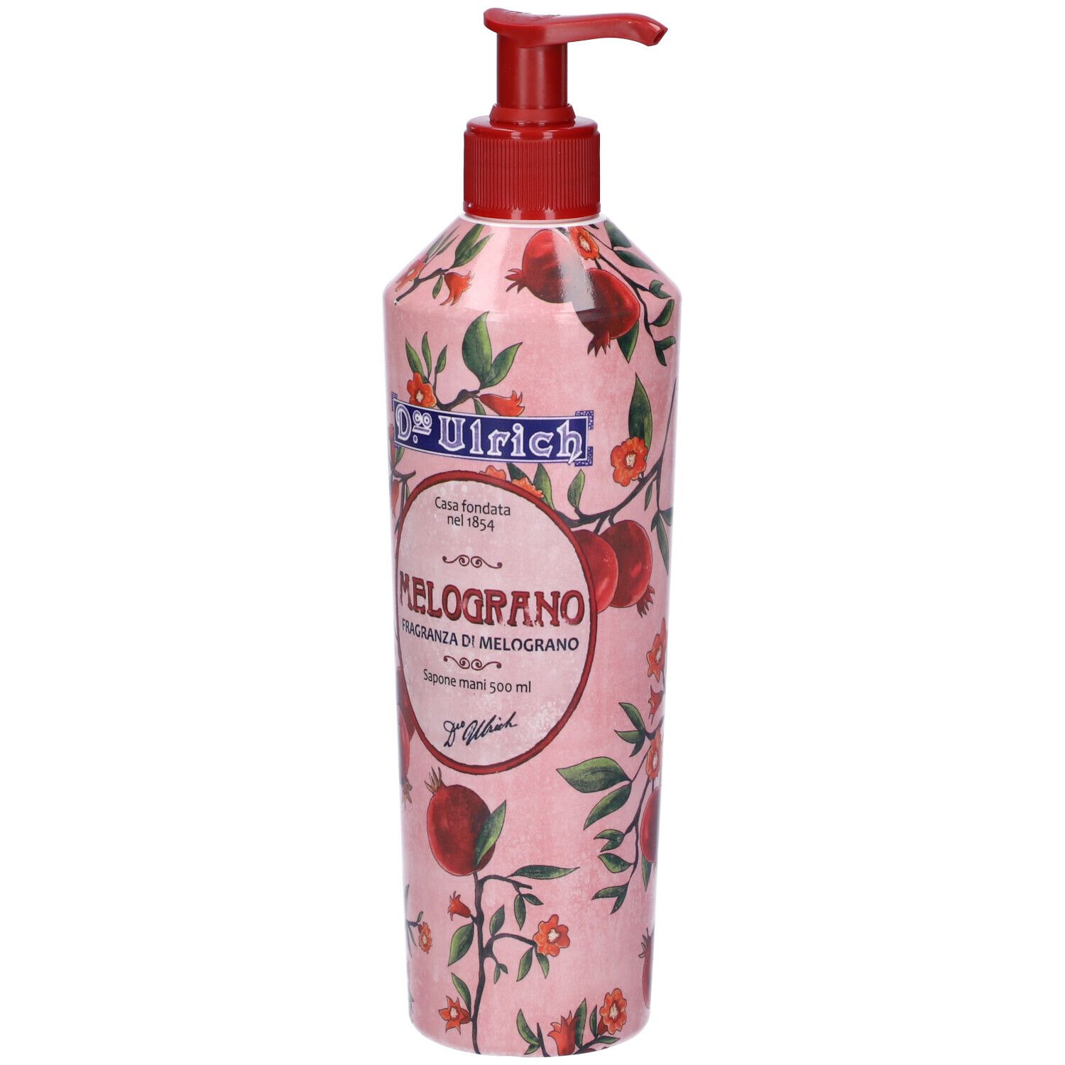 Flacone rosa con dispenser rosso. Scritta: Dr. Ulrich, Melograno, Sapone mani. Motivo floreale con melograni.