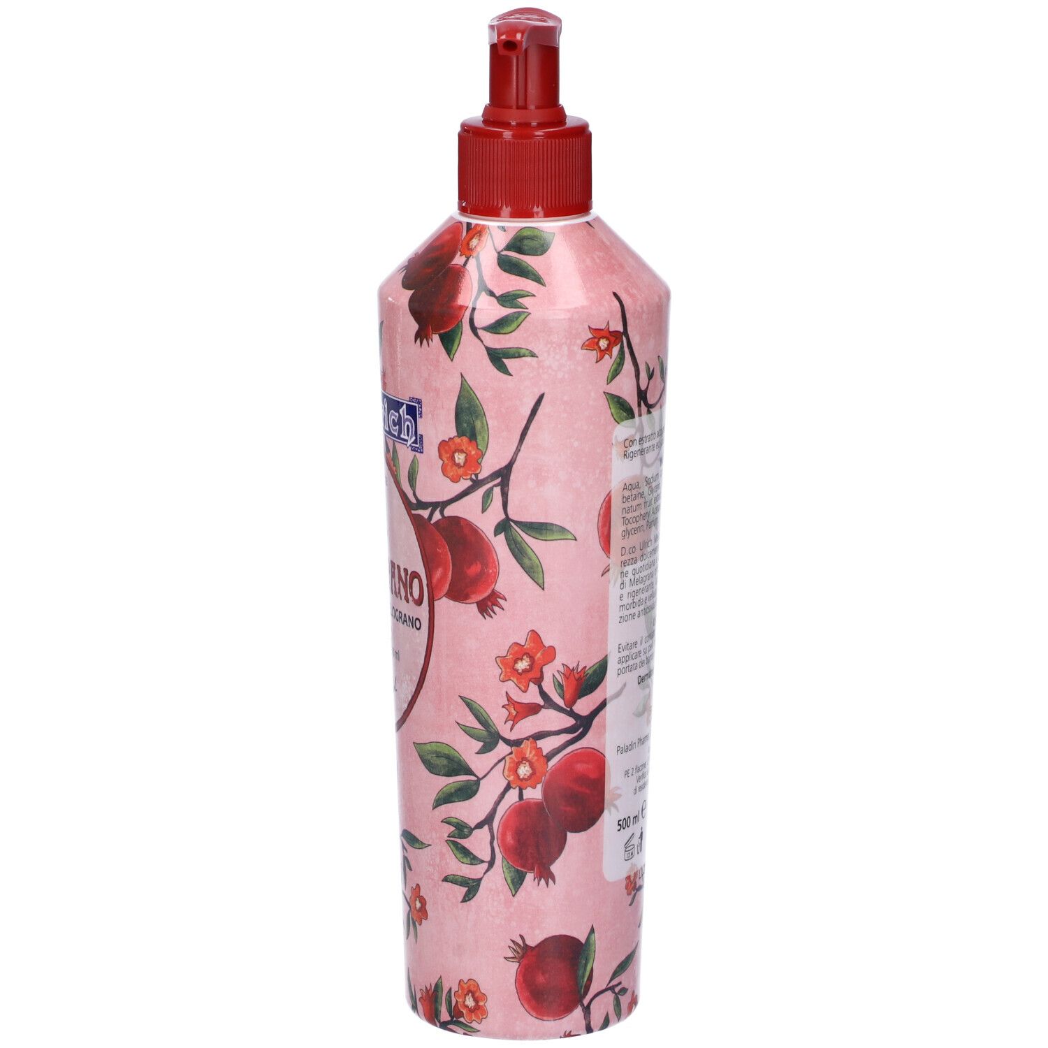 Vista posteriore di un flacone rosa con dispenser rosso. Motivo floreale con melograni. Testo in italiano.