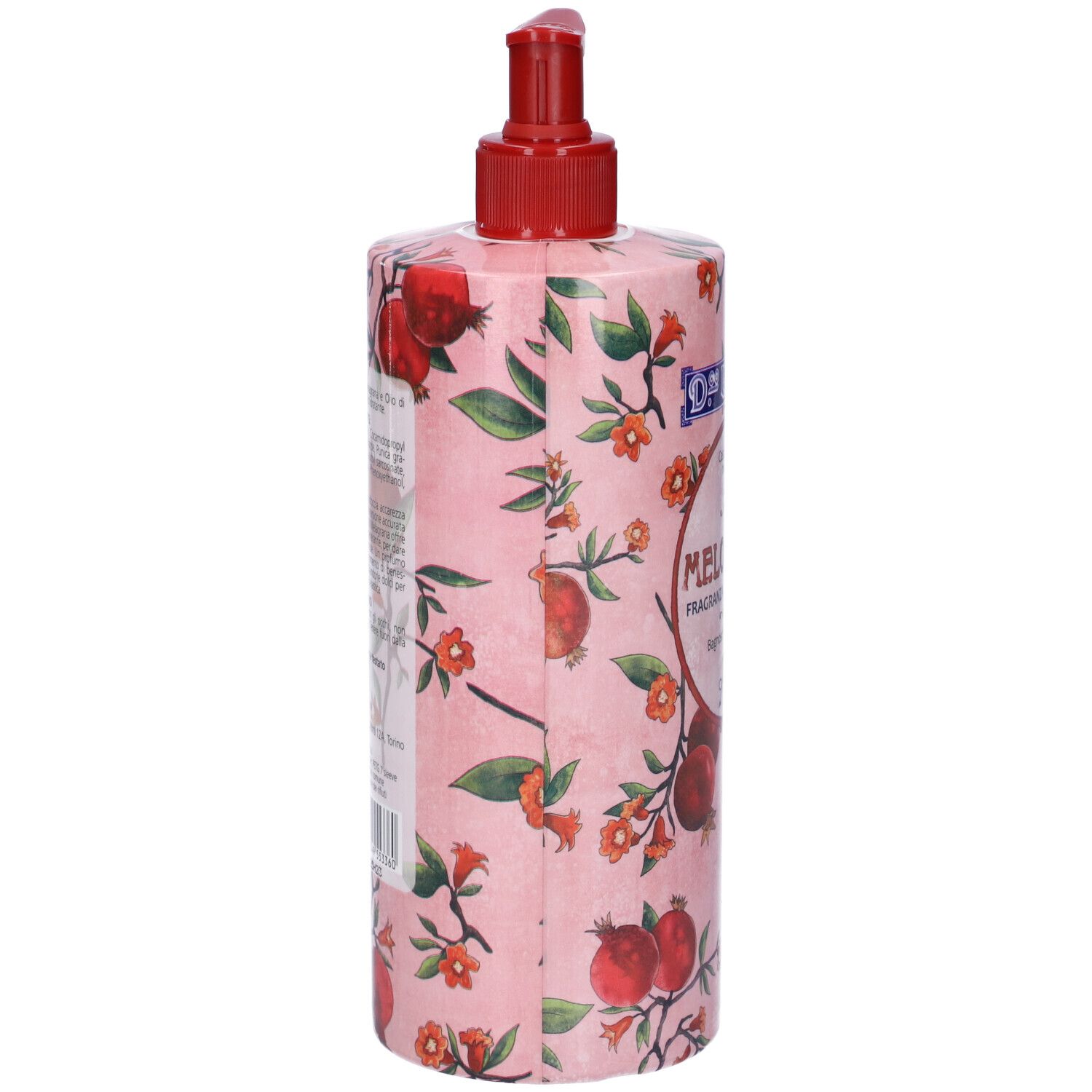 Flacone con dosatore. Etichetta rosa con motivo melograno. Retro con testo.