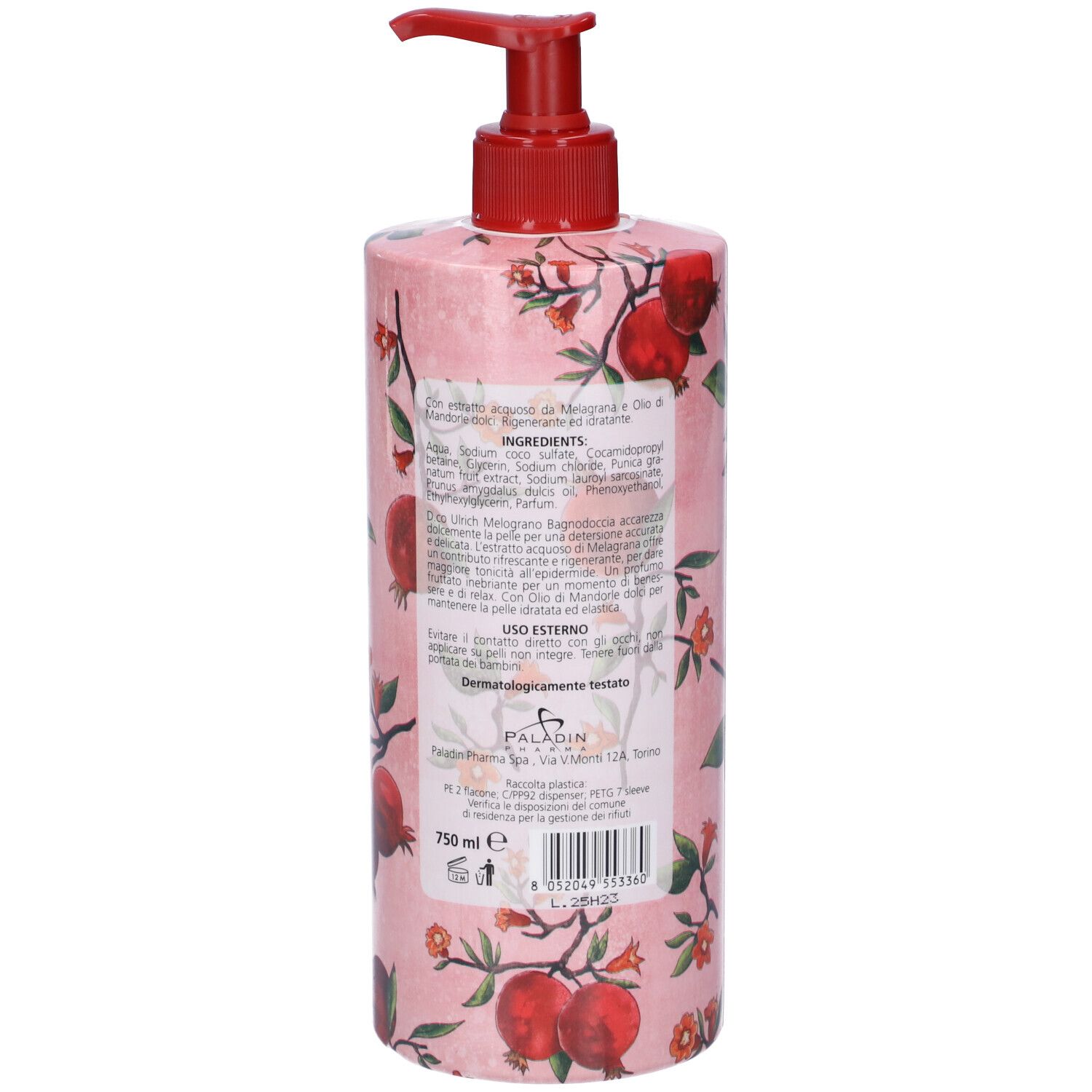 Flacone con dosatore. Etichetta rosa con motivo melograno. Retro con ingredienti e testo.