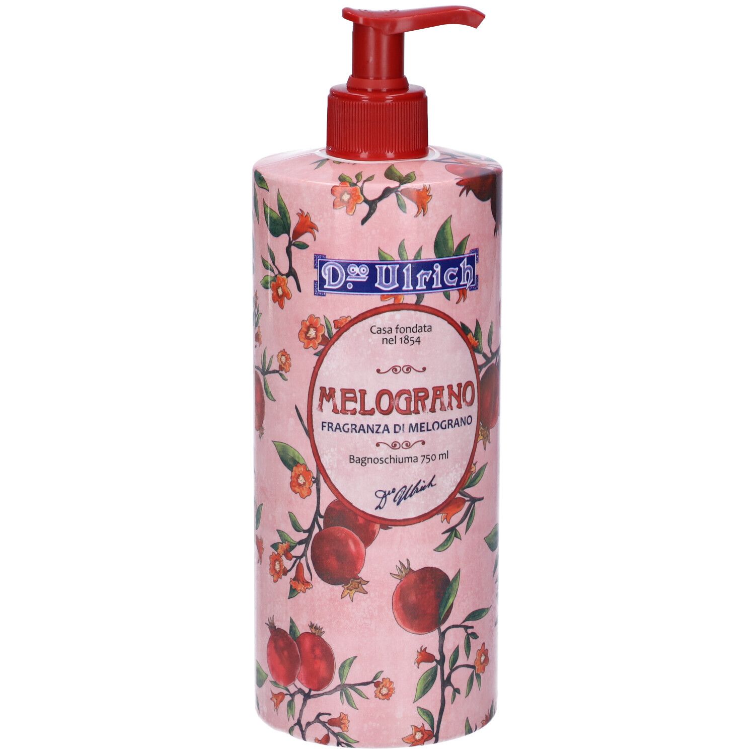 Flacone con dosatore. Etichetta rosa con motivo melograno e scritta 'Melograno'.