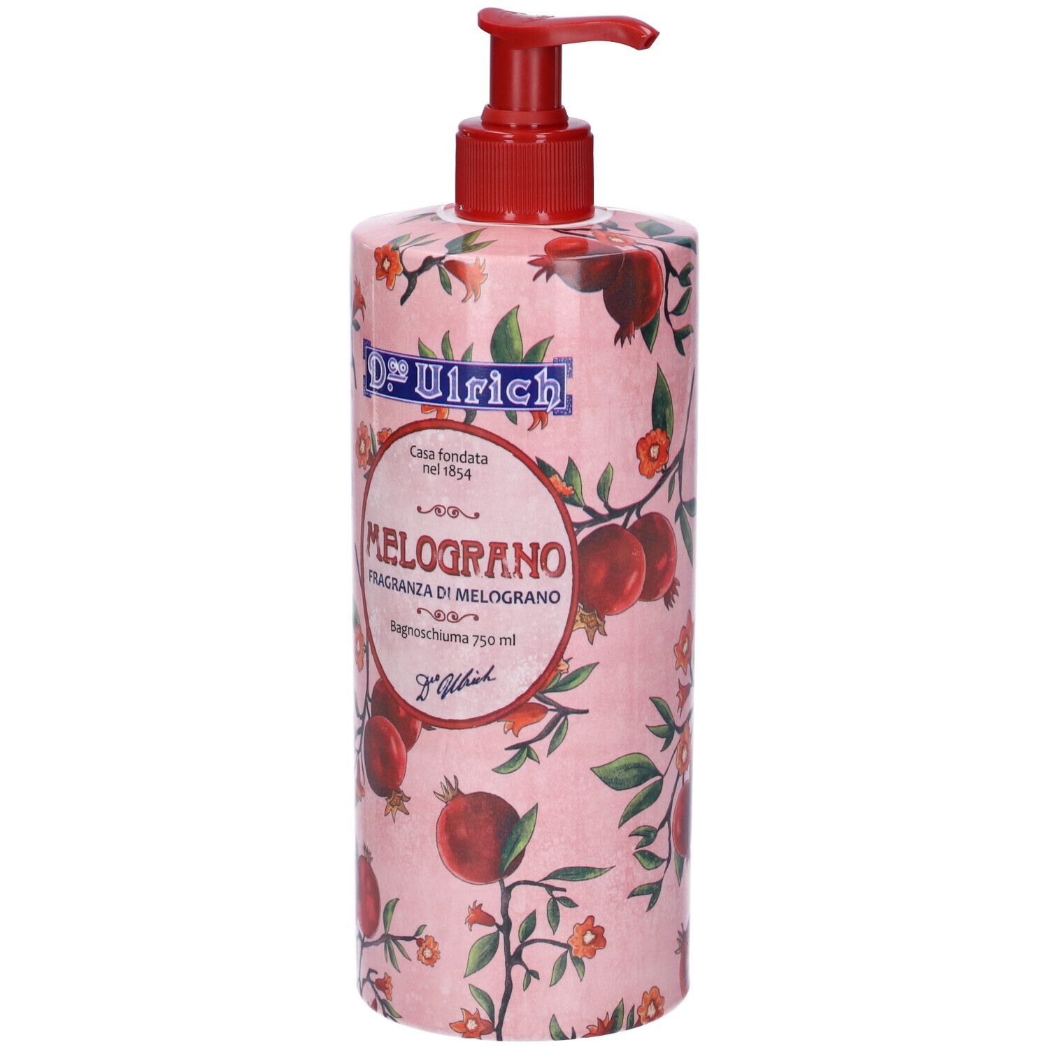 Flacone con dosatore. Etichetta rosa con motivo melograno e scritta 'Melograno'.