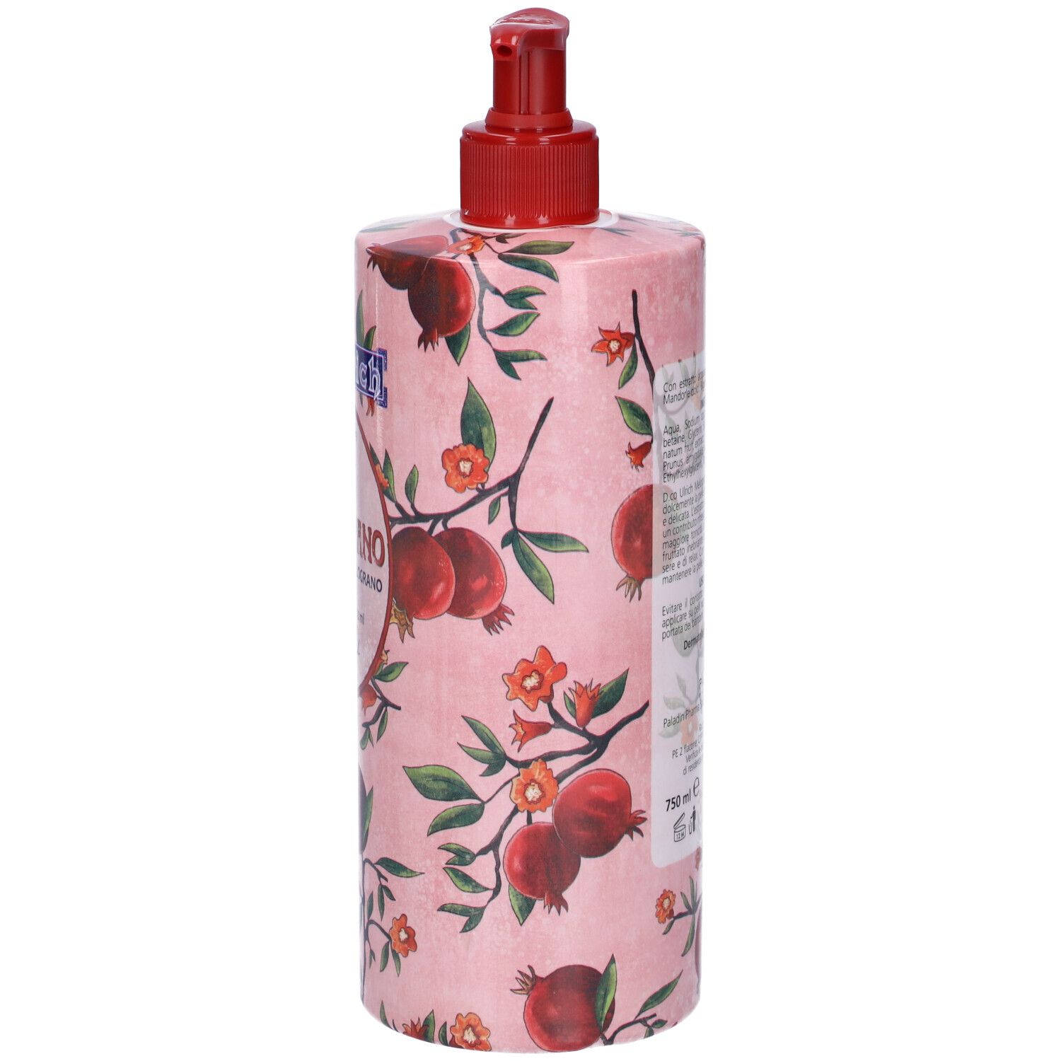 Flacone con dosatore. Etichetta rosa con motivo melograno. Retro con testo.