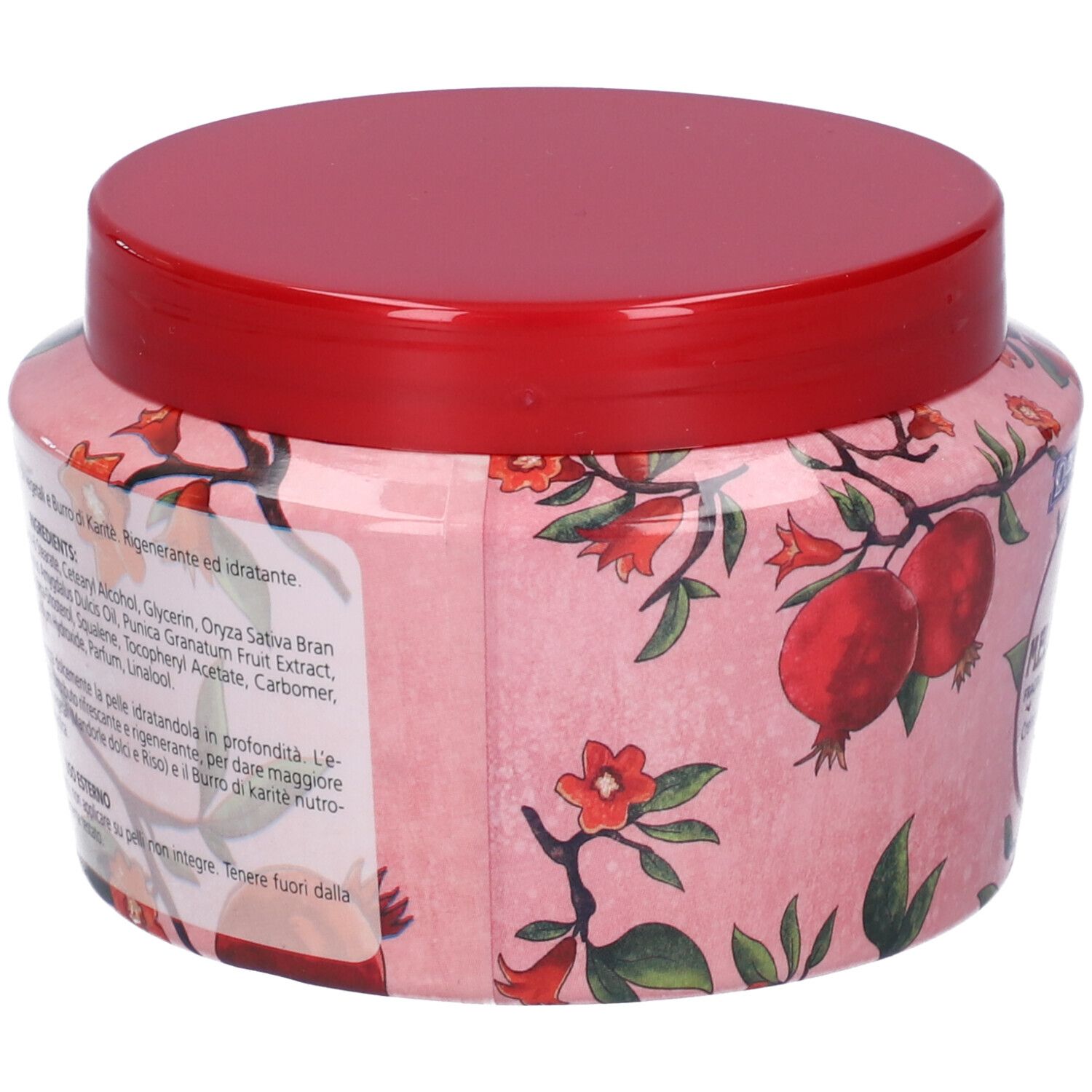 Vaso rosa con coperchio rosso. Scritta: Dr. Ulrich, Melograno, Crema corpo. Decorazione con melograno. Testo in italiano.