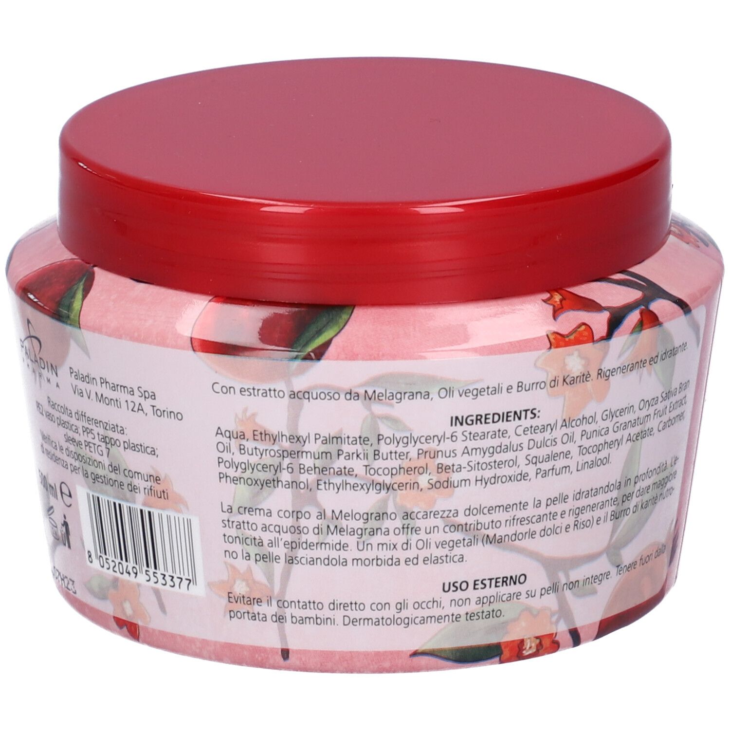 Vaso rosa con coperchio rosso. Scritta: Ingredienti. Testo in italiano. Decorazione con melograno.