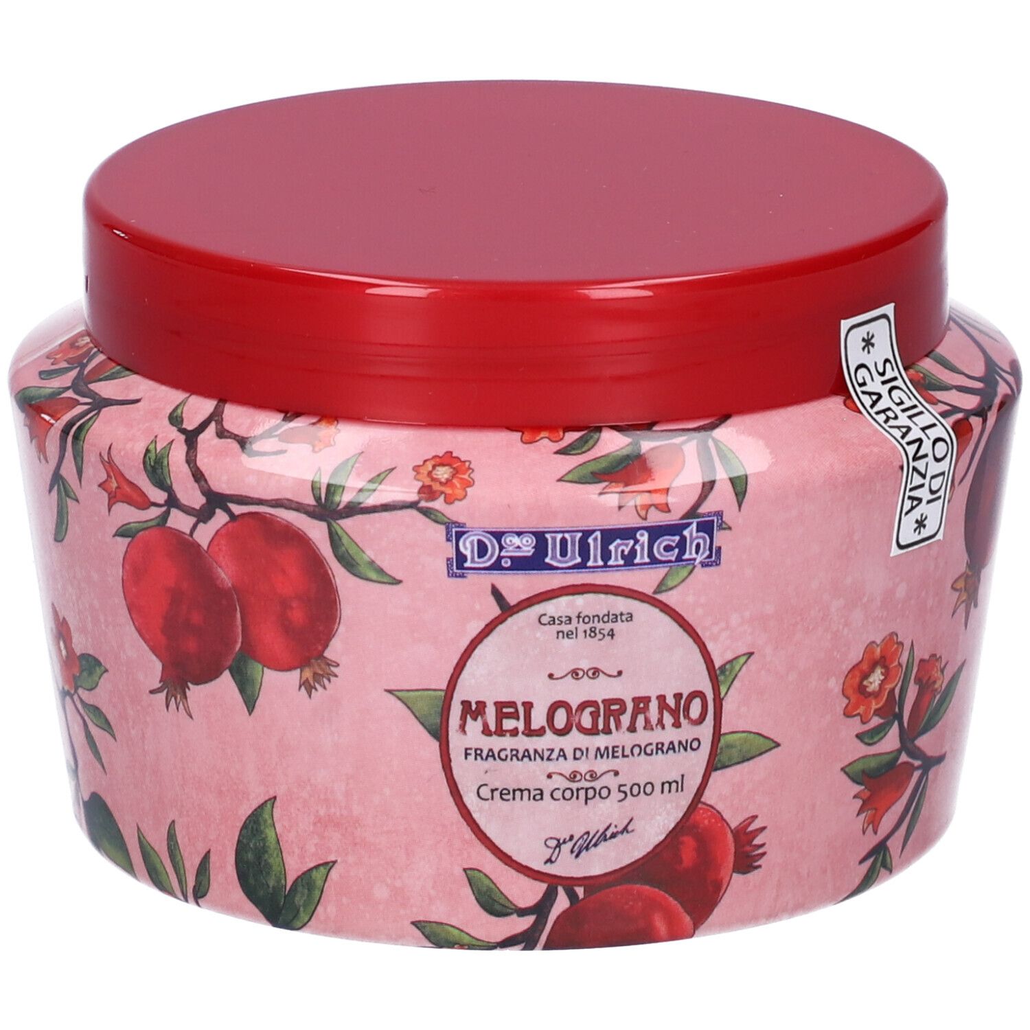 Vaso rosa con coperchio rosso. Scritta: Dr. Ulrich, Melograno, Crema corpo. Decorazione con melograno. Sigillo.