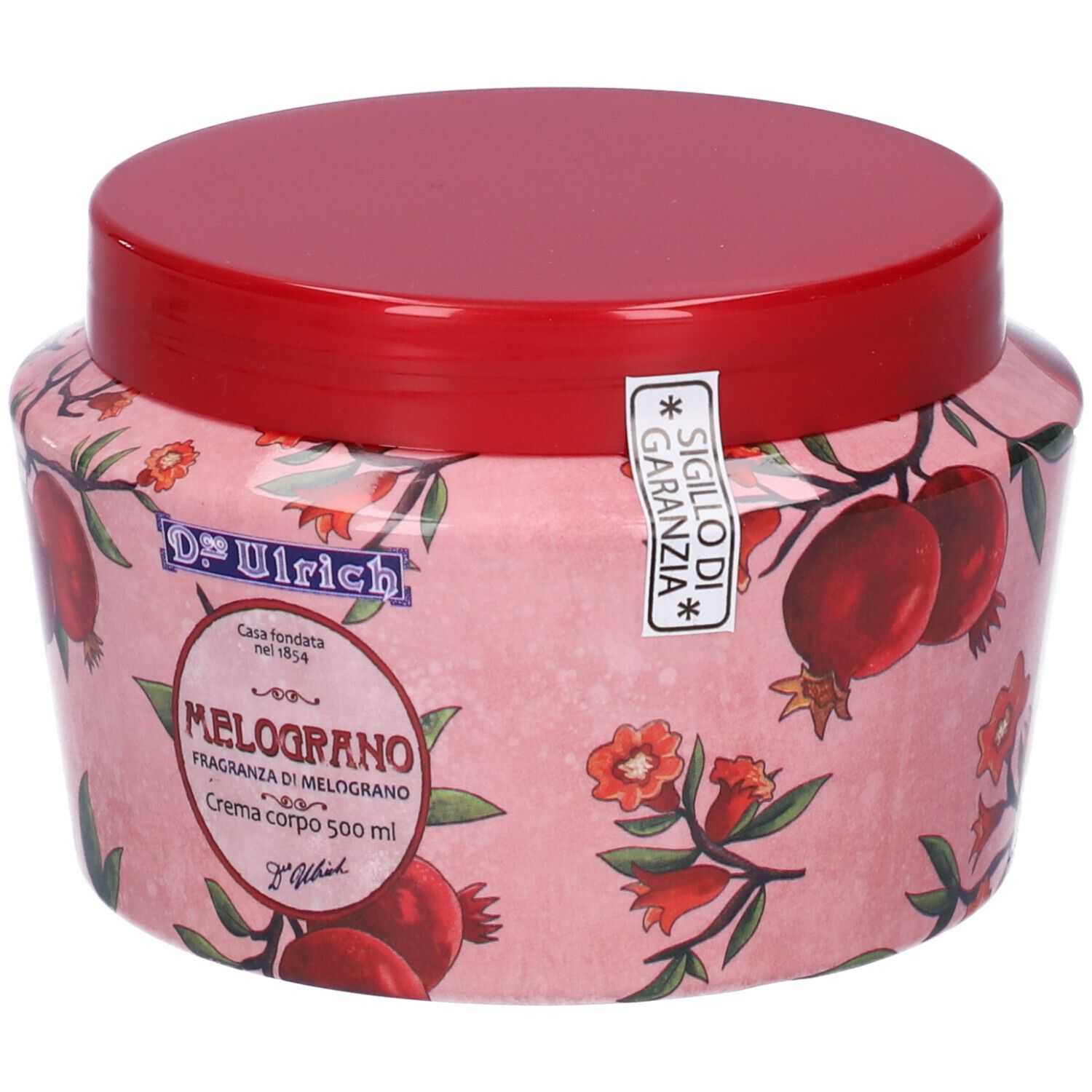 Vaso rosa con coperchio rosso. Scritta: Dr. Ulrich, Melograno, Crema corpo. Decorazione con melograno. Sigillo.