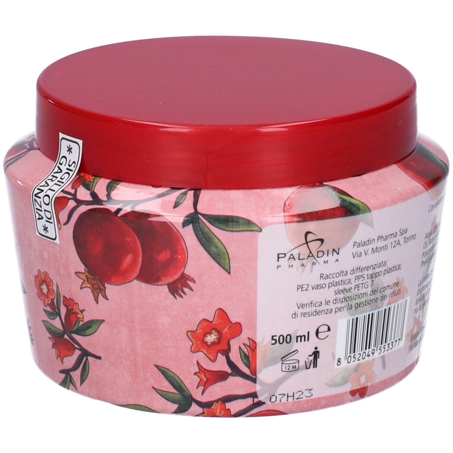 Vaso rosa con coperchio rosso. Scritta: Paladin Pharma Spa, 500 ml. Decorazione con melograno. Sigillo.