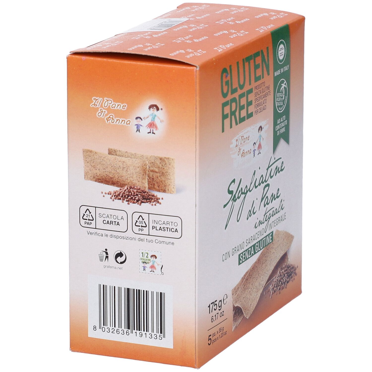 Vista laterale della confezione. Gluten Free, Sfogliatine di Pane. Codice a barre e simboli di riciclo. 175g, 5 pezzi.