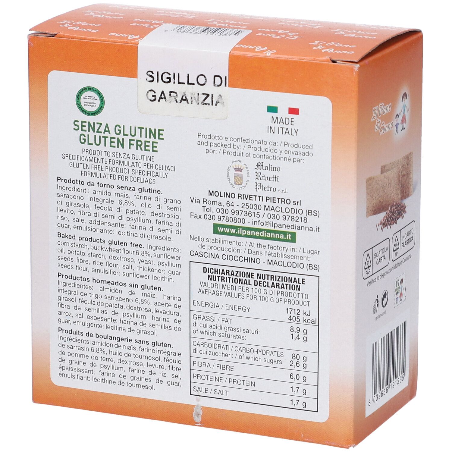 Retro della confezione. Gluten Free. Informazioni nutrizionali, elenco ingredienti, informazioni produttore. Sigillo.
