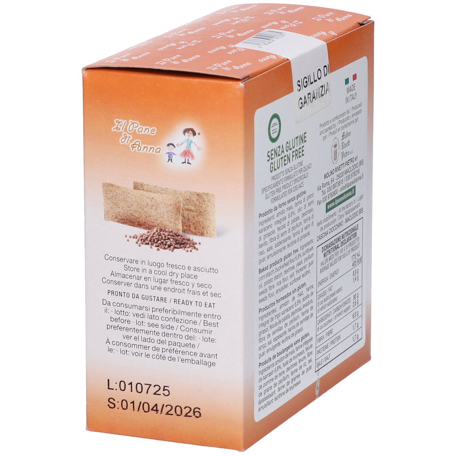 Vista laterale della confezione. Gluten Free. Data di scadenza. Consigli di conservazione. Sigillo.