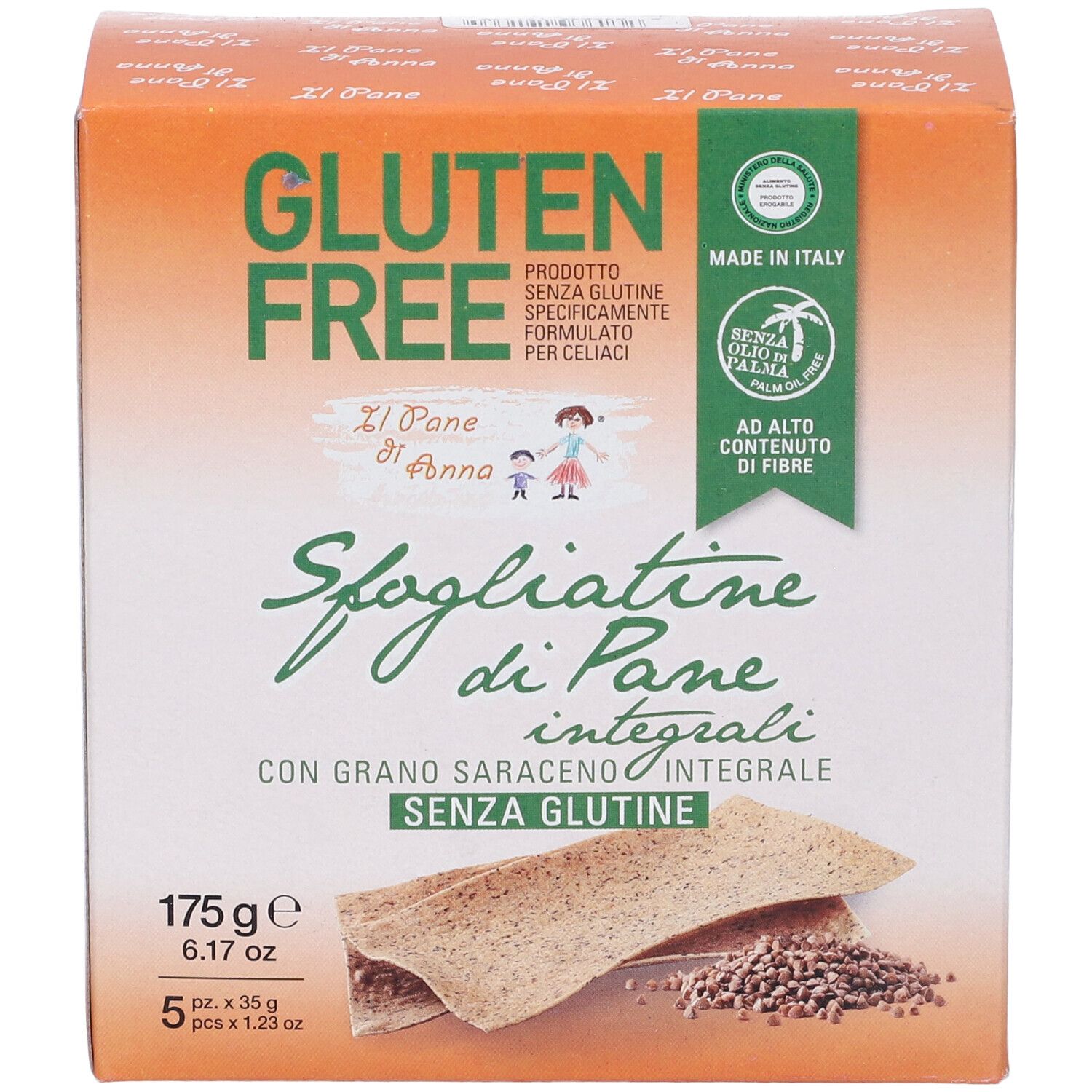 Confezione di Sfogliatine di Pane senza glutine. Scritte: Gluten Free, Il Pane di Anna. 175g, 5 pezzi.