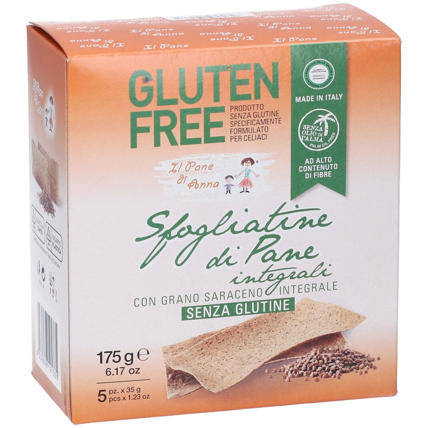 Confezione di Sfogliatine di Pane senza glutine. Scritte: Gluten Free, Il Pane di Anna. 175g, 5 pezzi.