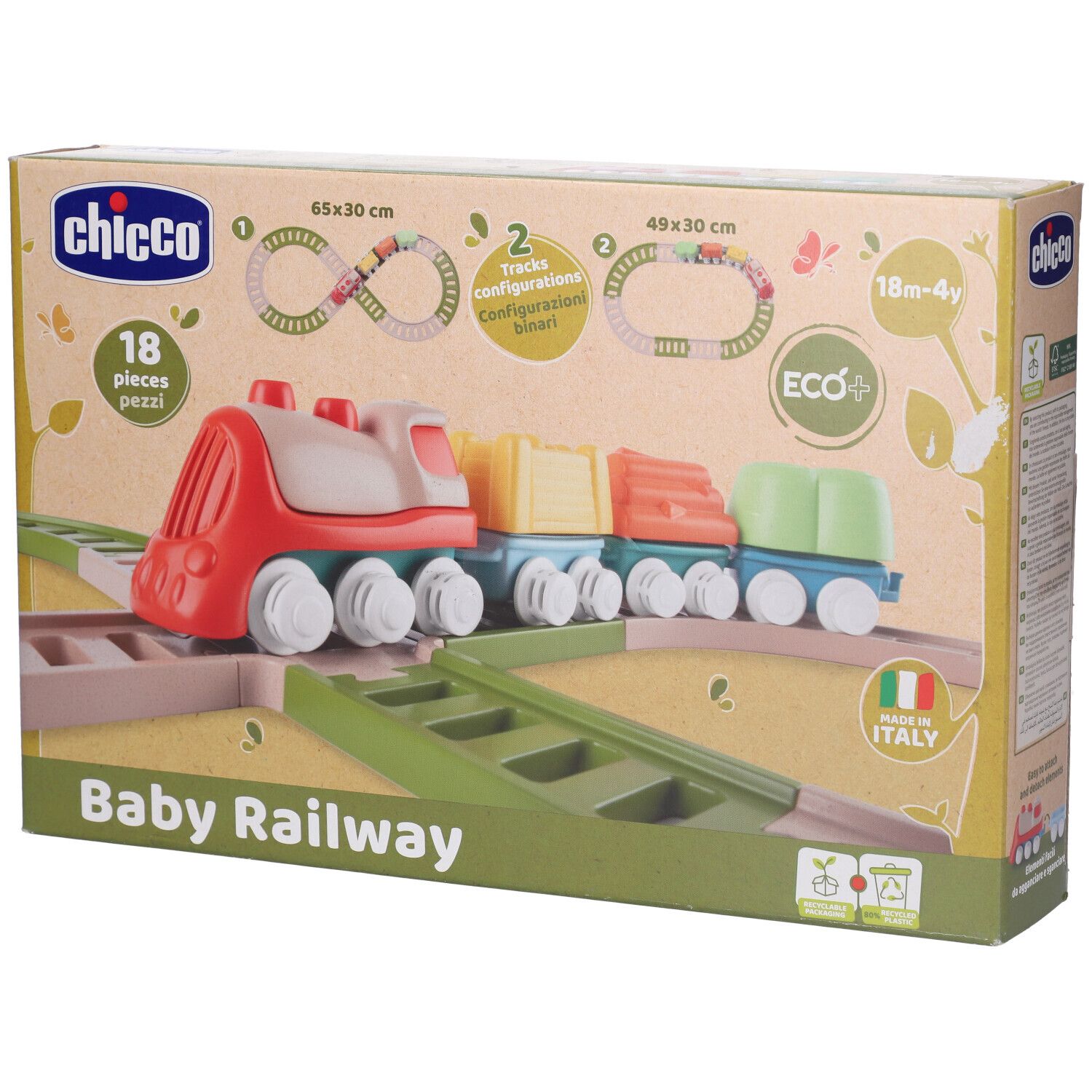 Confezione Baby Railway di Chicco. Contiene un trenino giocattolo e binari. Con etichetta Eco+ e Made in Italy.