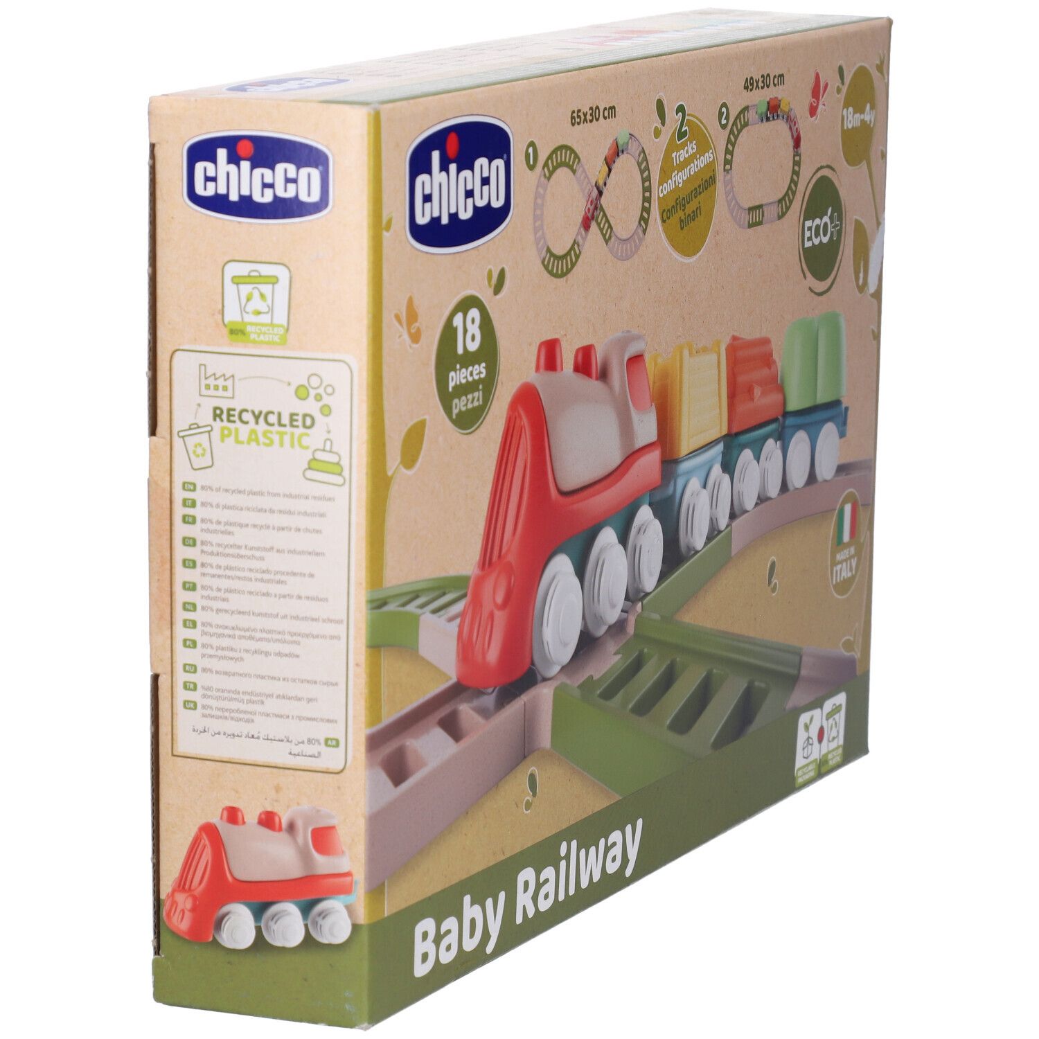 Confezione Baby Railway di Chicco. Mostra il prodotto e il logo Recycled Plastic. Con etichetta Eco+.