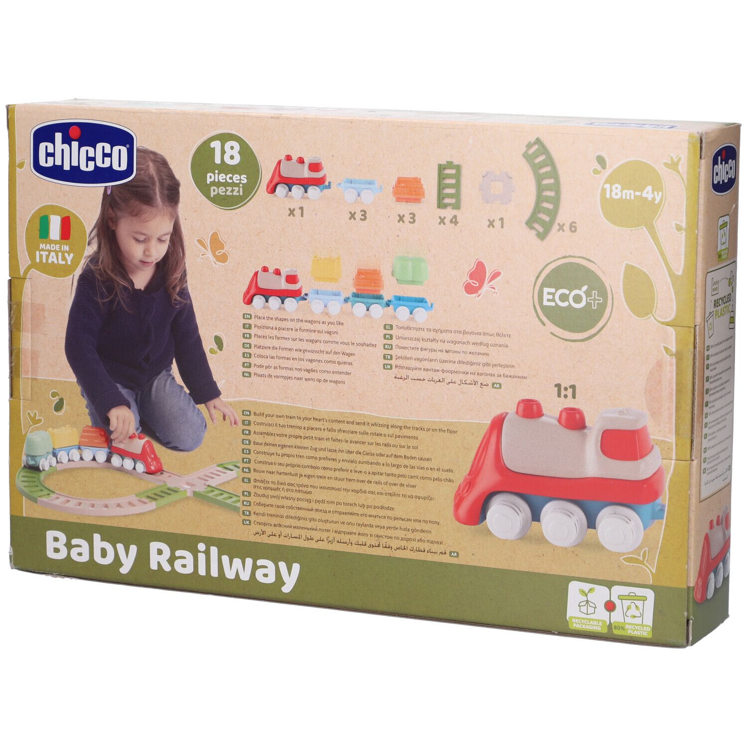 Confezione Baby Railway di Chicco. Mostra il prodotto e un bambino che ci gioca. Con etichetta Eco+.