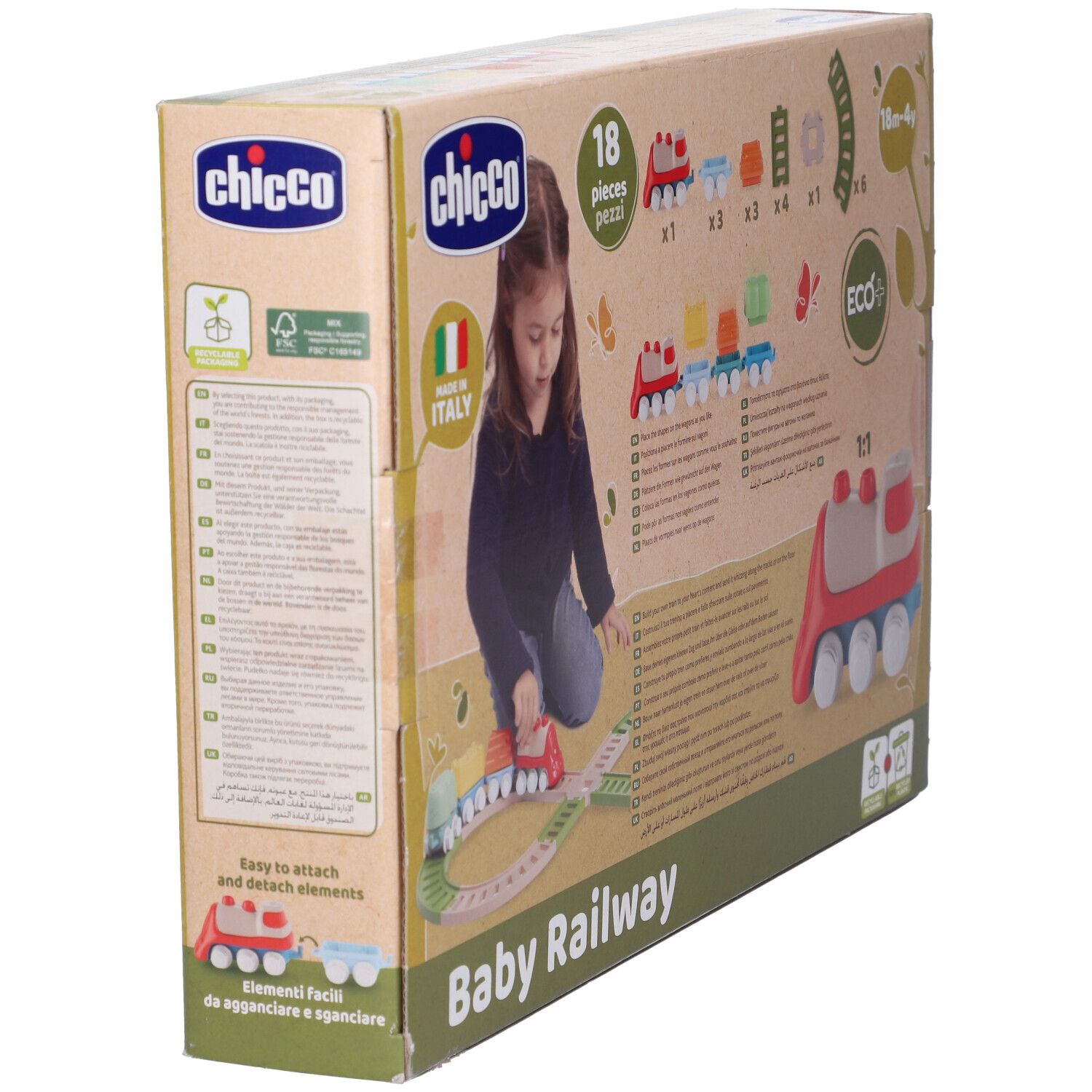 Confezione Baby Railway di Chicco. Mostra il prodotto e un bambino che ci gioca. Con etichetta Eco+.