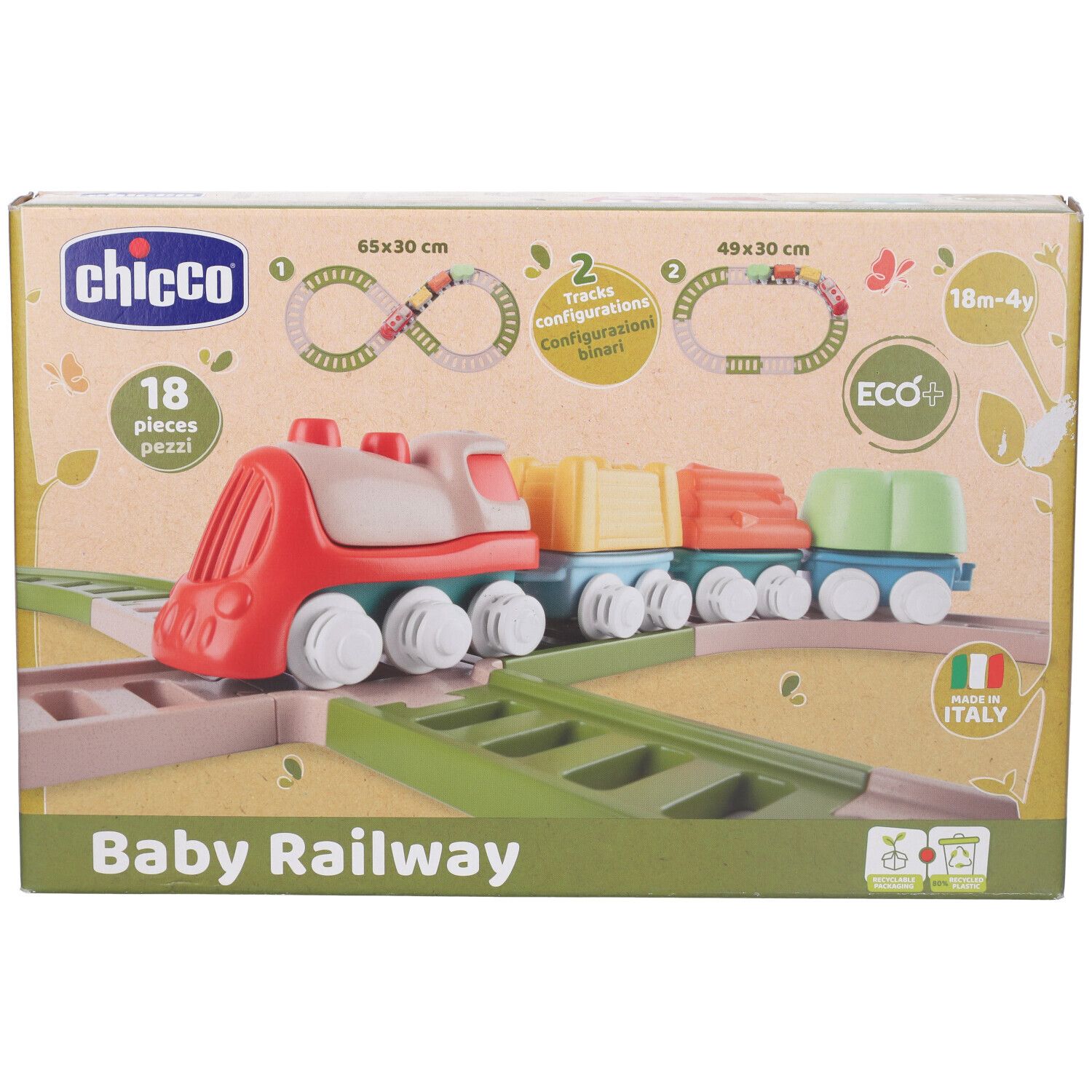 Confezione Baby Railway di Chicco. Contiene un trenino giocattolo e binari. Con etichetta Eco+ e Made in Italy.