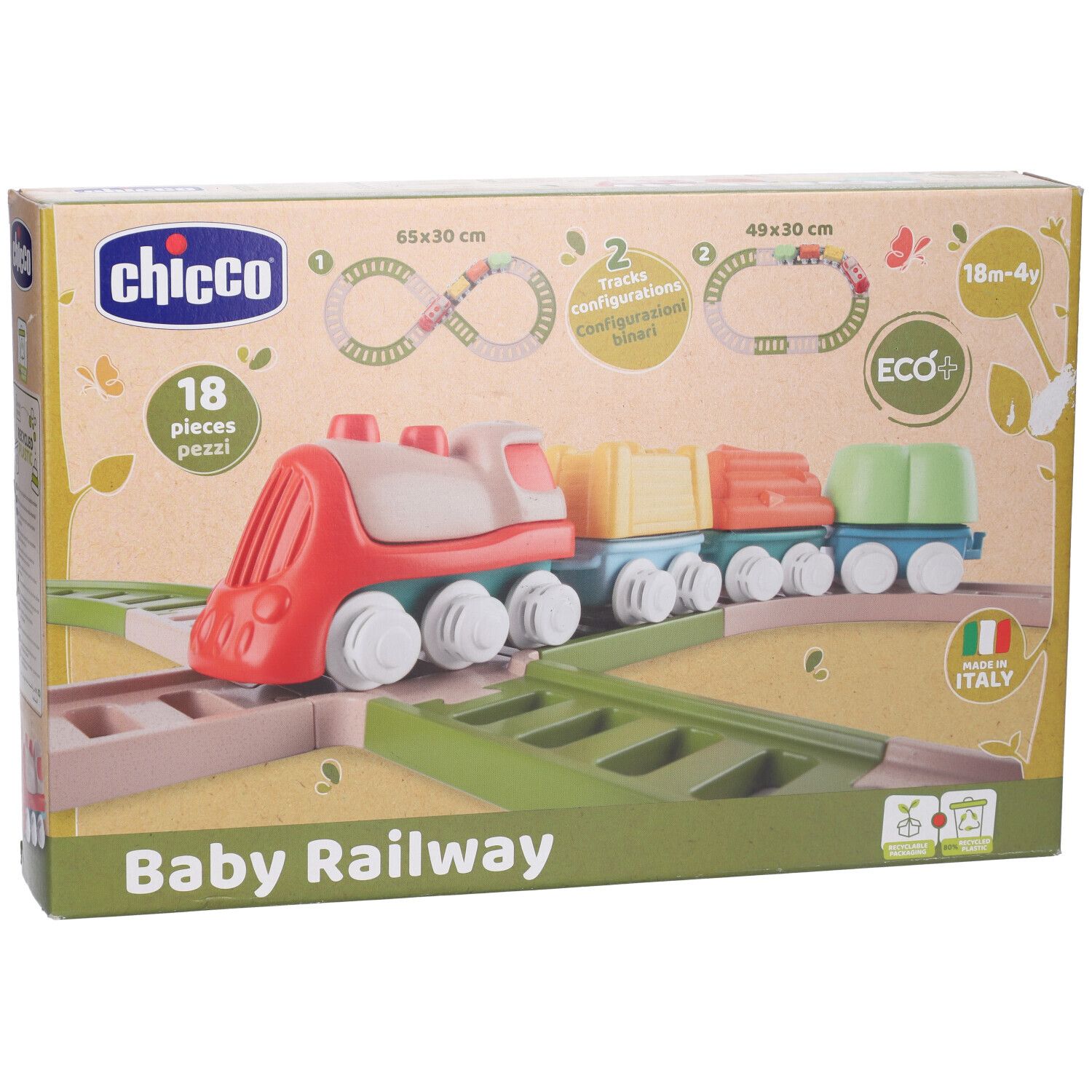 Confezione Baby Railway di Chicco. Contiene un trenino giocattolo e binari. Con etichetta Eco+ e Made in Italy.