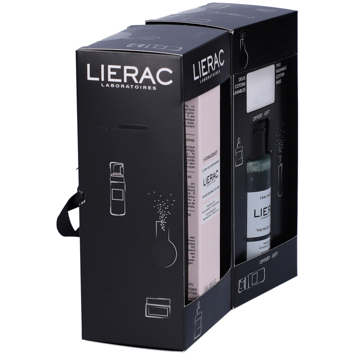 Set regalo Lierac. Confezione nera con nomi prodotti. Contiene trattamento occhi, acqua micellare e due dischetti lavabili.