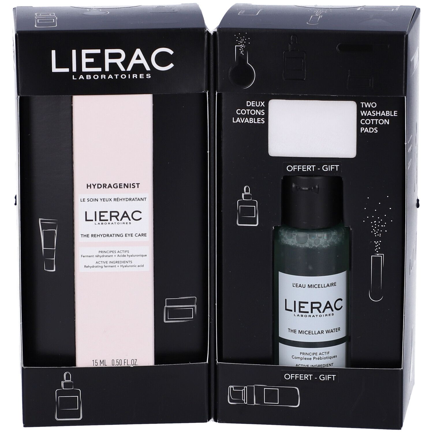 Set regalo Lierac. Contiene trattamento occhi, acqua micellare e due dischetti lavabili. Confezione nera.