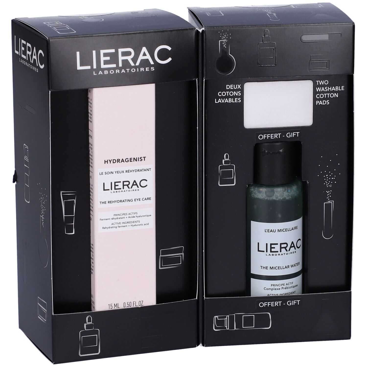 Set regalo Lierac. Contiene trattamento occhi, acqua micellare e due dischetti lavabili. Confezione nera.