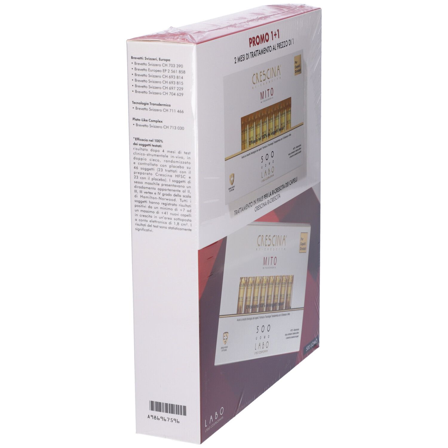 Confezione, vista obliqua. Scritta: Crescina Mito, 500 Uomo. Promo 1+1. Trattamento in fiale per la ricrescita dei capelli.