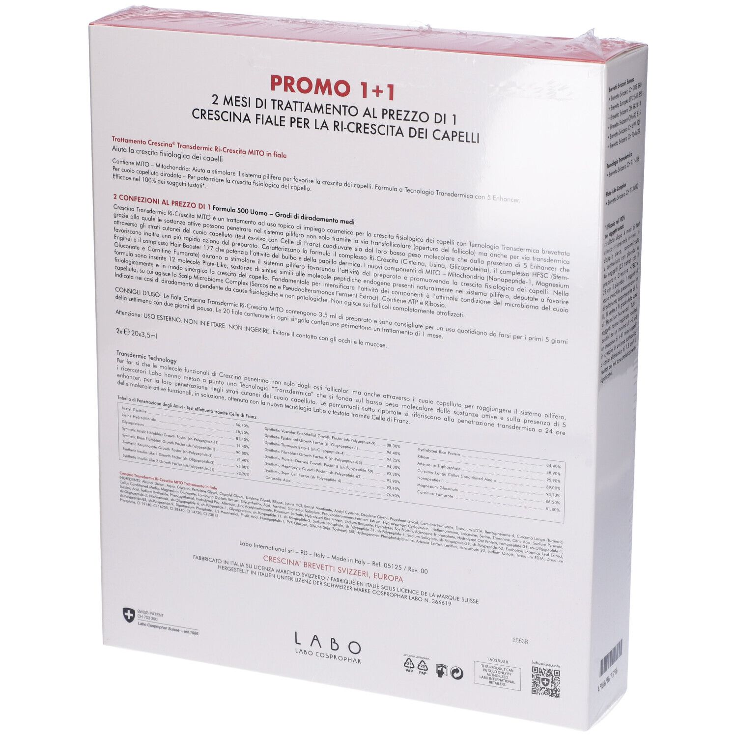 Retro della confezione. Testo in italiano. Scritta: Crescina Mito. Promo 1+1. Trattamento in fiale per la ricrescita dei capelli.