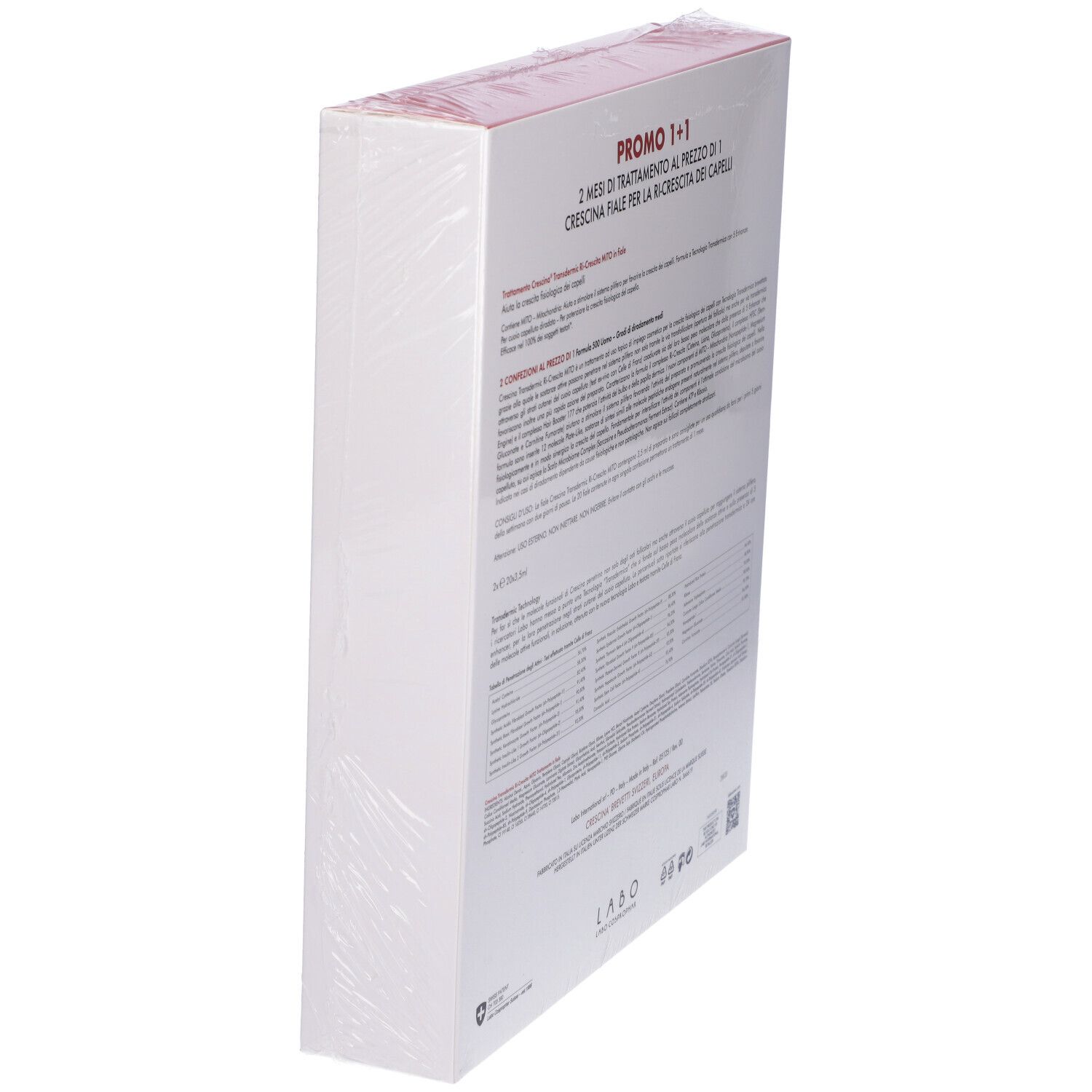 Confezione, vista obliqua. Testo in italiano. Scritta: Crescina Mito. Promo 1+1. Trattamento in fiale per la ricrescita dei capelli.