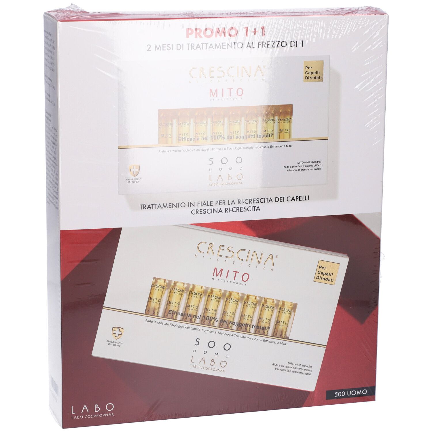 Confezione con due scatole. Scritta: Crescina Mito, 500 Uomo. Promo 1+1. Trattamento in fiale per la ricrescita dei capelli.