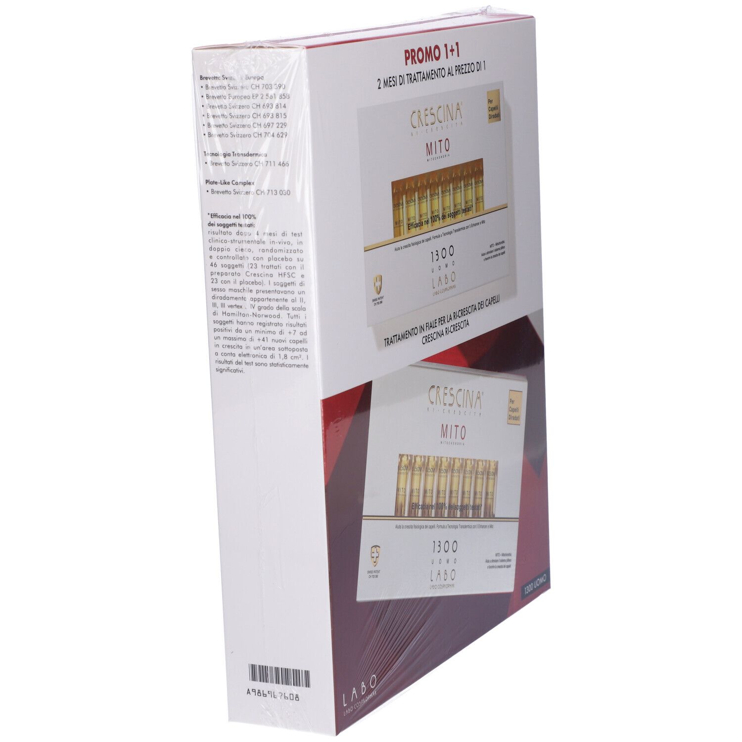 Confezione vista di lato. Scritto: Crescina Mito, 1300 Uomo. Promo 1+1.